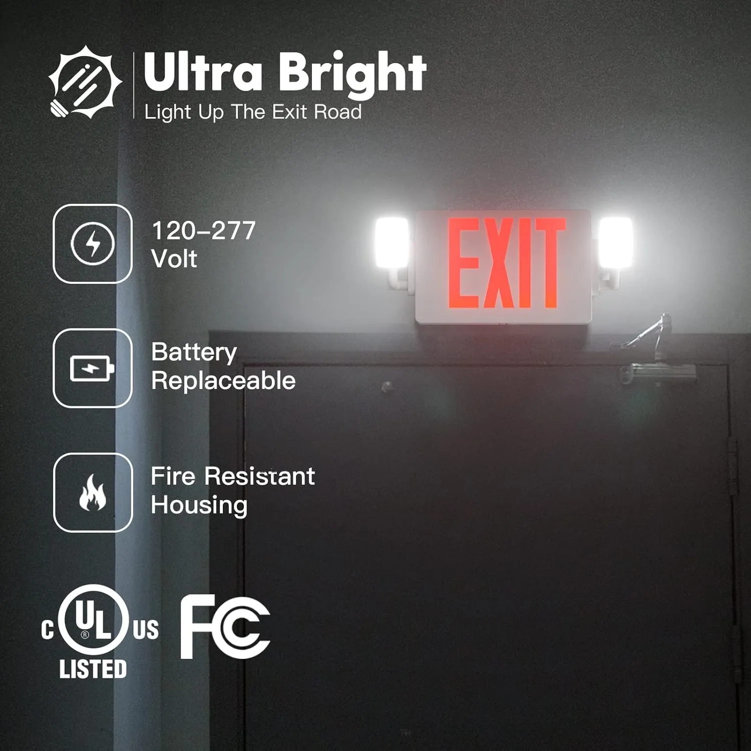 FREELICHT LED Exit Sign with Emergency Lights, Double Sided Adjustable LED Emergency Exit Lights with Battery Backup, Easy to Install, UL Certified, AC 120/277V, Pack of 4