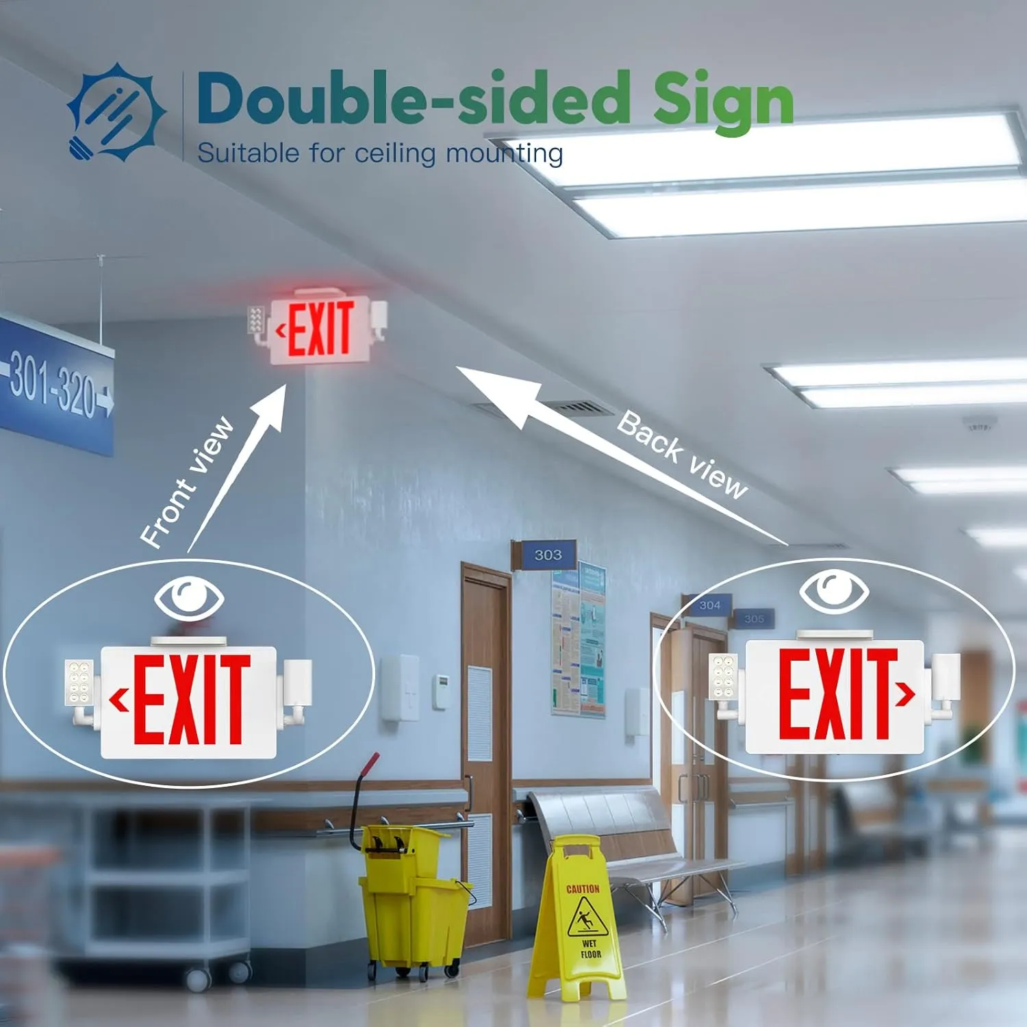 FREELICHT LED Exit Sign with Emergency Lights, Double Sided Adjustable LED Emergency Exit Lights with Battery Backup, Easy to Install, UL Certified, AC 120/277V, Pack of 4