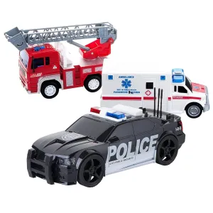 Friction Powered City Hero Play Set Including Fire Engine Truck, Ambulance, Police Car for Kids, Boys and Girls - 3-Pack Emergency Vehicles with Light and Sound