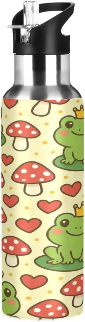 Frog and Mushrooms Sports Water Bottle with Straw, 22oz BPA Free Stainless Steel Vacuum Insulated Bottle for Gym Fitness Outdoor