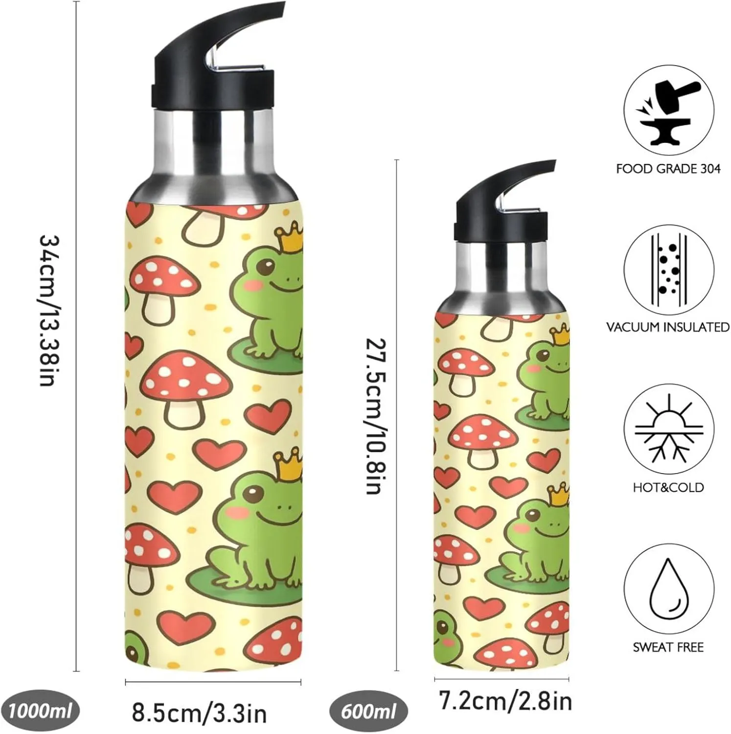 Frog and Mushrooms Sports Water Bottle with Straw, 22oz BPA Free Stainless Steel Vacuum Insulated Bottle for Gym Fitness Outdoor