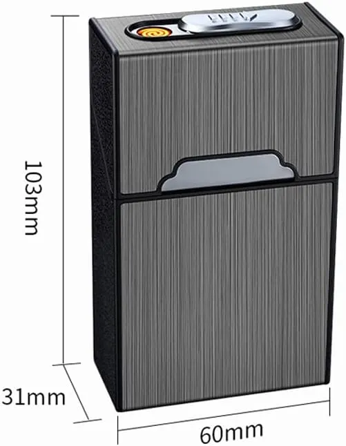 Full Pack 20 Regular Cigarettes Case Box with USB Lighter Rechargeable Flameless Windproof Moisture-Proof Portable (Silver)