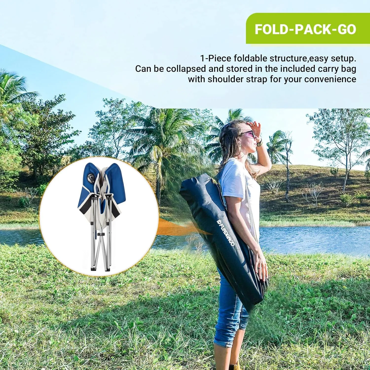 FUNDANGO 2 Packs Oversized Camping Chair with Lumbar Back Support Padded Outdoor Heavy Duty Camping Chair for Adults with Cup Holder, Armrest, Support 300 lbs