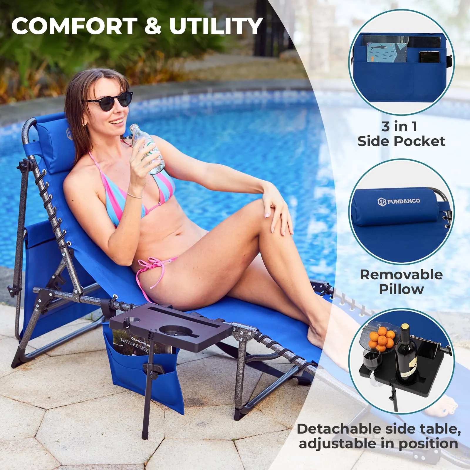 FUNDANGO 4-in-1 Adjustable Tanning Lounge Chair for Pool, Beach, Patio