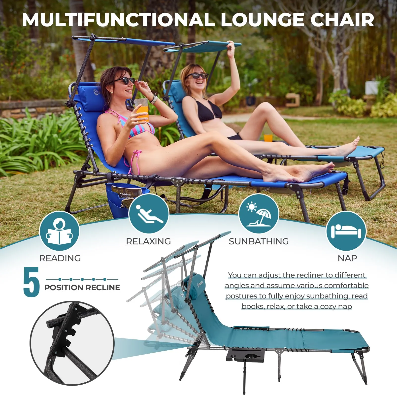FUNDANGO 4-in-1 Adjustable Tanning Lounge Chair for Pool, Beach, Patio