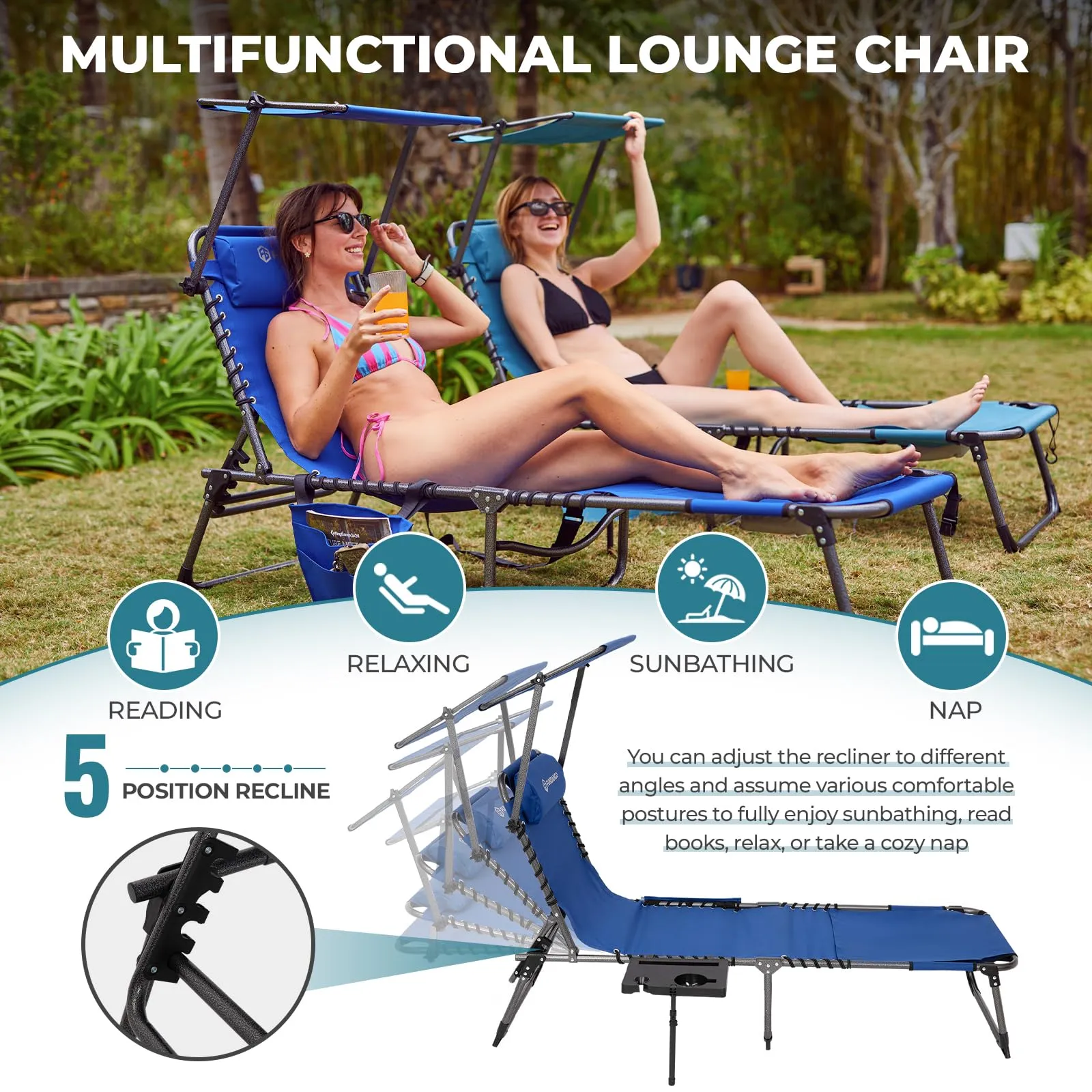 FUNDANGO 4-in-1 Adjustable Tanning Lounge Chair for Pool, Beach, Patio