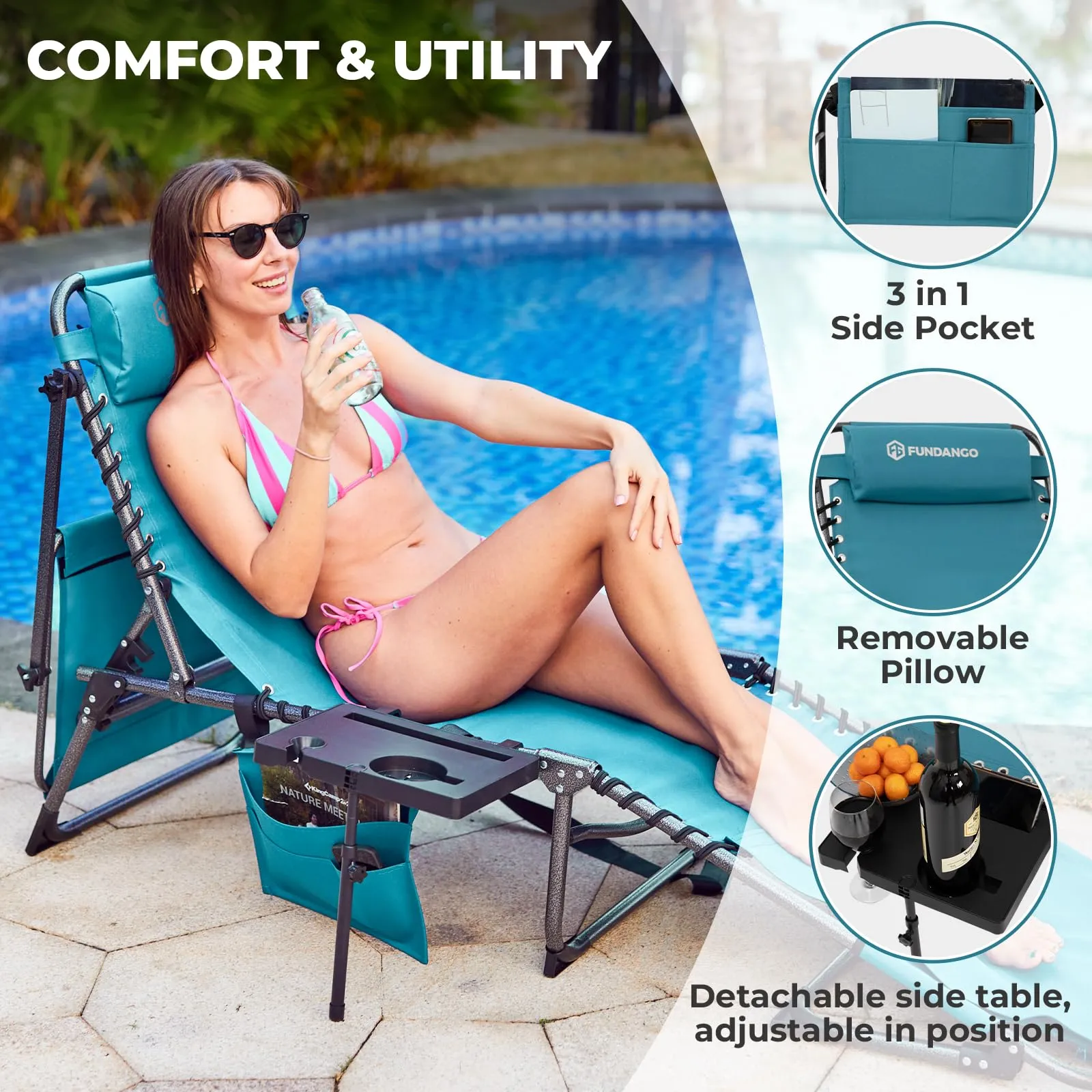 FUNDANGO 4-in-1 Adjustable Tanning Lounge Chair for Pool, Beach, Patio
