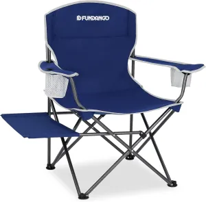FUNDANGO Folding Padded Camping Chair, Portable Outdoor Full Back Lawn Arm Chair with Side Table Cup Holder Side Pocket for Garden, Picnic, BBQ with Carry Bag, Support 300LBS