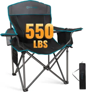 FUNDANGO Oversized Fold Camping Chair for Adults, 550 Lbs Portable Folding Beach Fishing Lawn Chair with Cushion seat & Back, 4-can Cooler&Cup Holder, Carry Bag Included for Outdoor (Black/Grey)