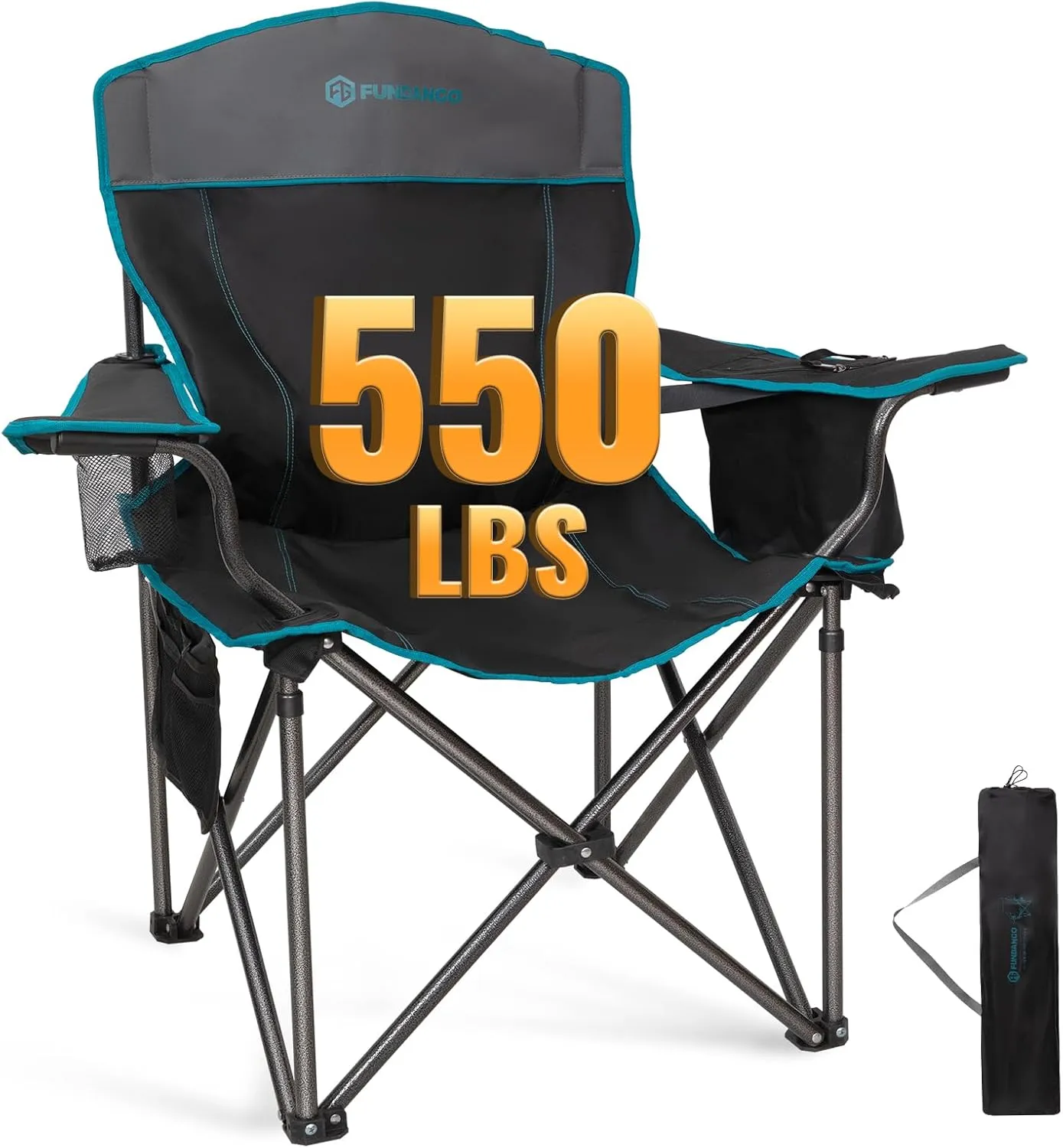 FUNDANGO Oversized Fold Camping Chair for Adults, 550 Lbs Portable Folding Beach Fishing Lawn Chair with Cushion seat & Back, 4-can Cooler&Cup Holder, Carry Bag Included for Outdoor (Black/Grey)