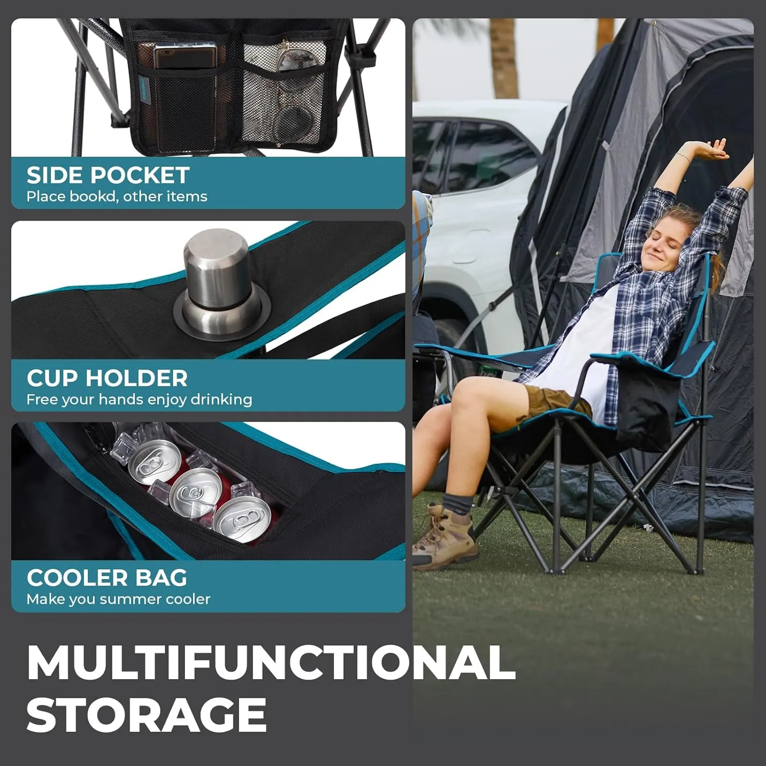 FUNDANGO Oversized Fold Camping Chair for Adults, 550 Lbs Portable Folding Beach Fishing Lawn Chair with Cushion seat & Back, 4-can Cooler&Cup Holder, Carry Bag Included for Outdoor (Black/Grey)