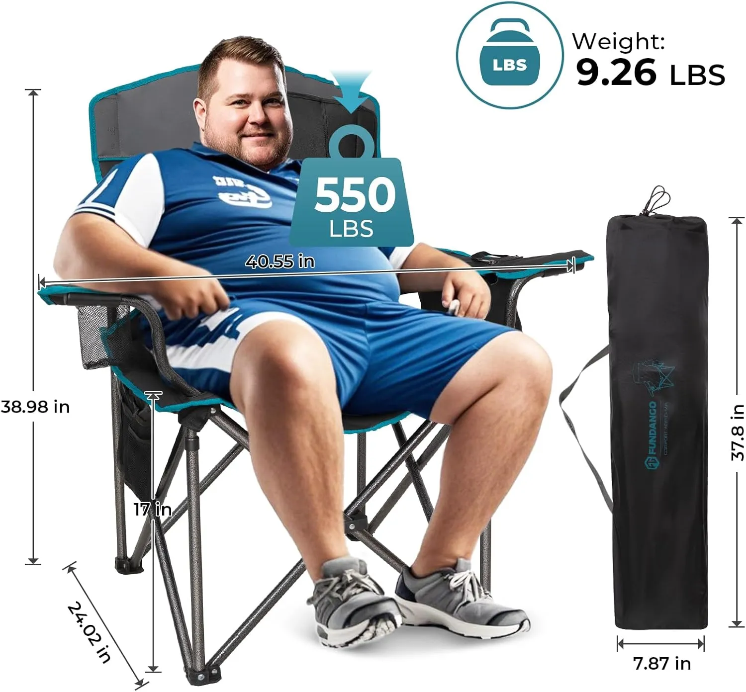 FUNDANGO Oversized Fold Camping Chair for Adults, 550 Lbs Portable Folding Beach Fishing Lawn Chair with Cushion seat & Back, 4-can Cooler&Cup Holder, Carry Bag Included for Outdoor (Black/Grey)