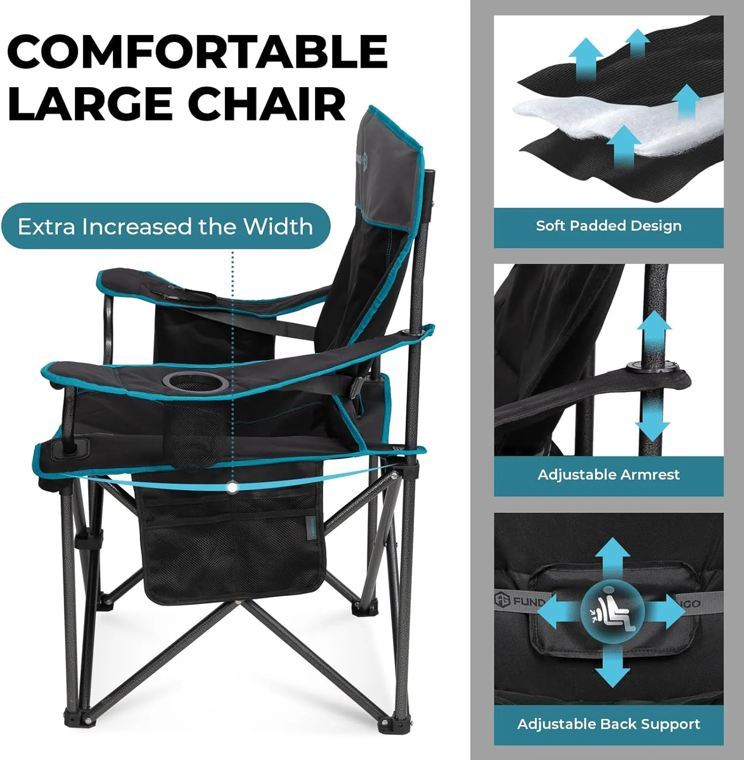 FUNDANGO Oversized Fold Camping Chair for Adults, 550 Lbs Portable Folding Beach Fishing Lawn Chair with Cushion seat & Back, 4-can Cooler&Cup Holder, Carry Bag Included for Outdoor (Black/Grey)