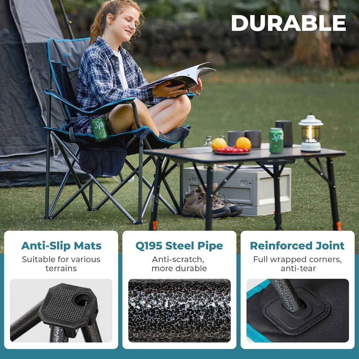 FUNDANGO Oversized Fold Camping Chair for Adults, 550 Lbs Portable Folding Beach Fishing Lawn Chair with Cushion seat & Back, 4-can Cooler&Cup Holder, Carry Bag Included for Outdoor (Black/Grey)