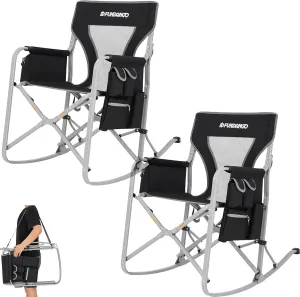 FUNDANGO Rocking Camping Chair for Adults, Oversized Portable Rocking Chair Outdoor Folding with Cooler and Side Pocket for Outside, Backyard, Patio, Lawn, Garden