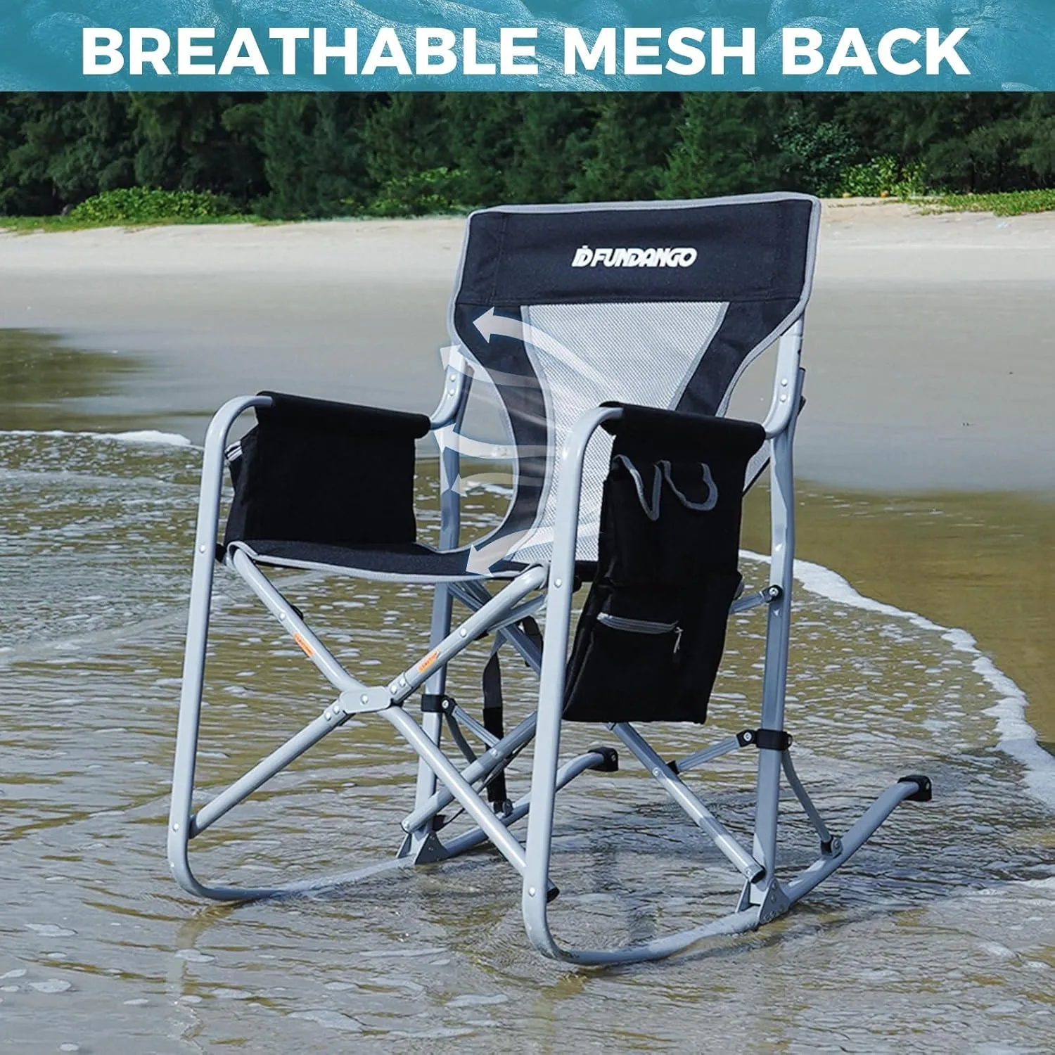 FUNDANGO Rocking Camping Chair for Adults, Oversized Portable Rocking Chair Outdoor Folding with Cooler and Side Pocket for Outside, Backyard, Patio, Lawn, Garden
