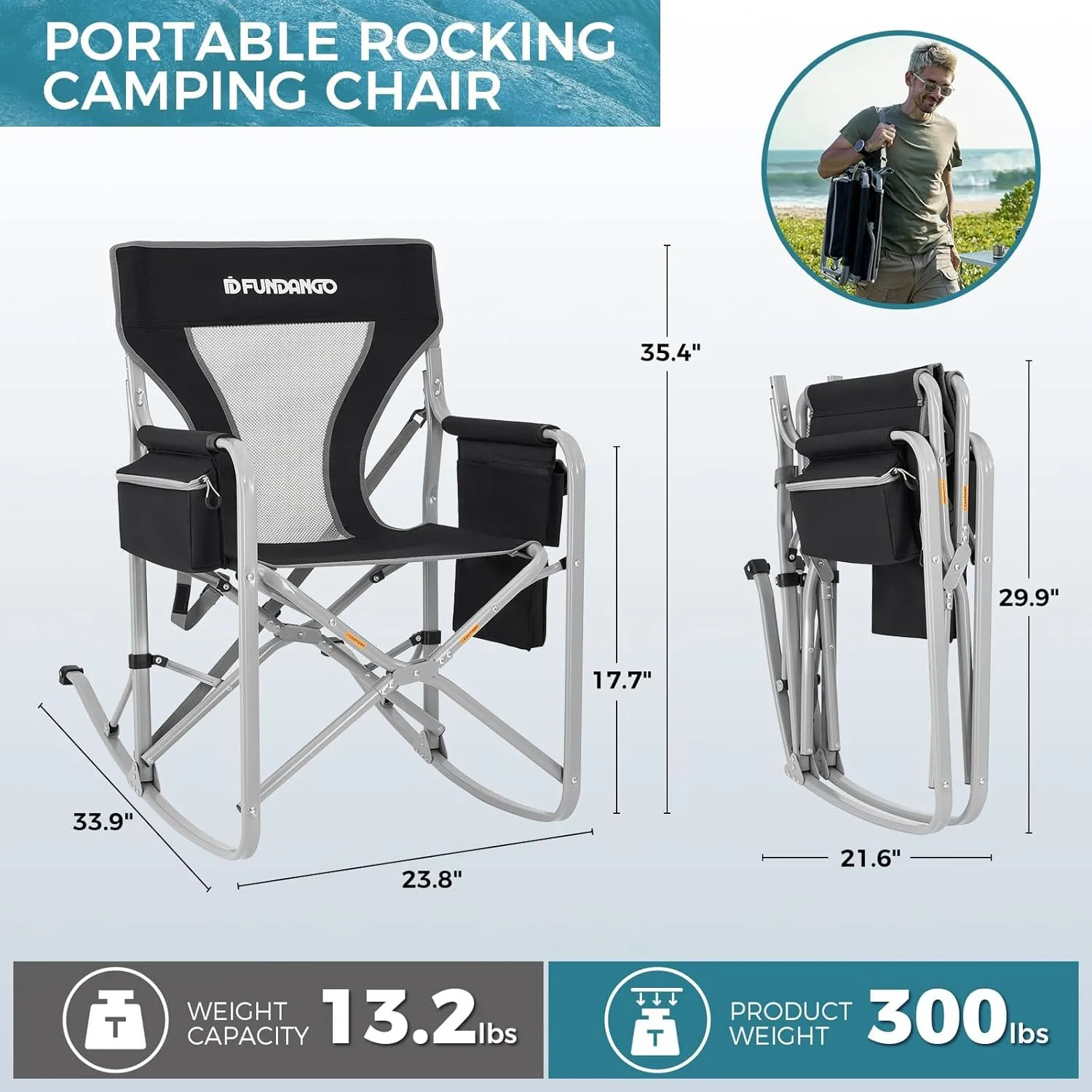 FUNDANGO Rocking Camping Chair for Adults, Oversized Portable Rocking Chair Outdoor Folding with Cooler and Side Pocket for Outside, Backyard, Patio, Lawn, Garden