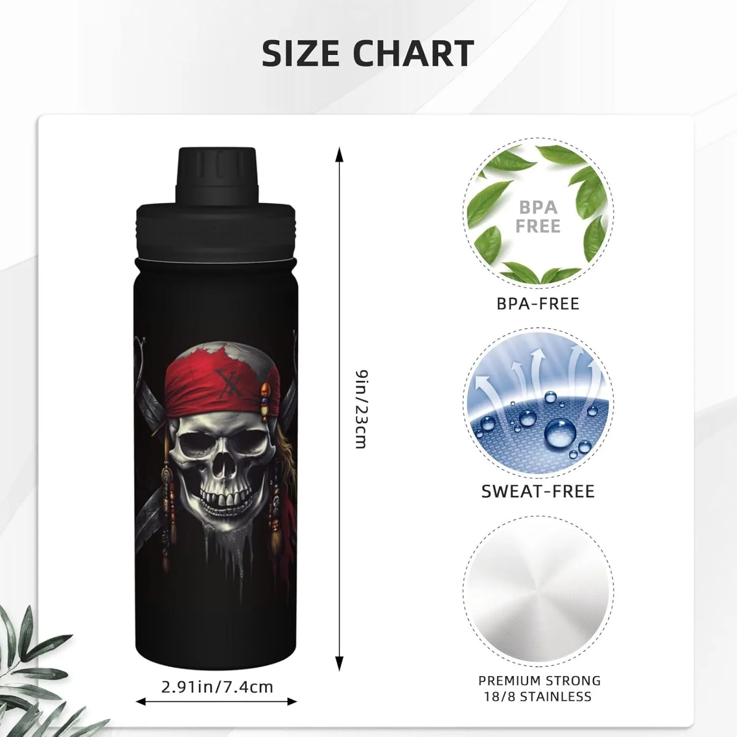 Funny Skull Skeleton 18 OZ Insulated Stainless Steel Sports Water Bottles with Lid, Halloween Unisex Flask Insulated Water Cup for Outdoor Sports Fitness Hiking Gym