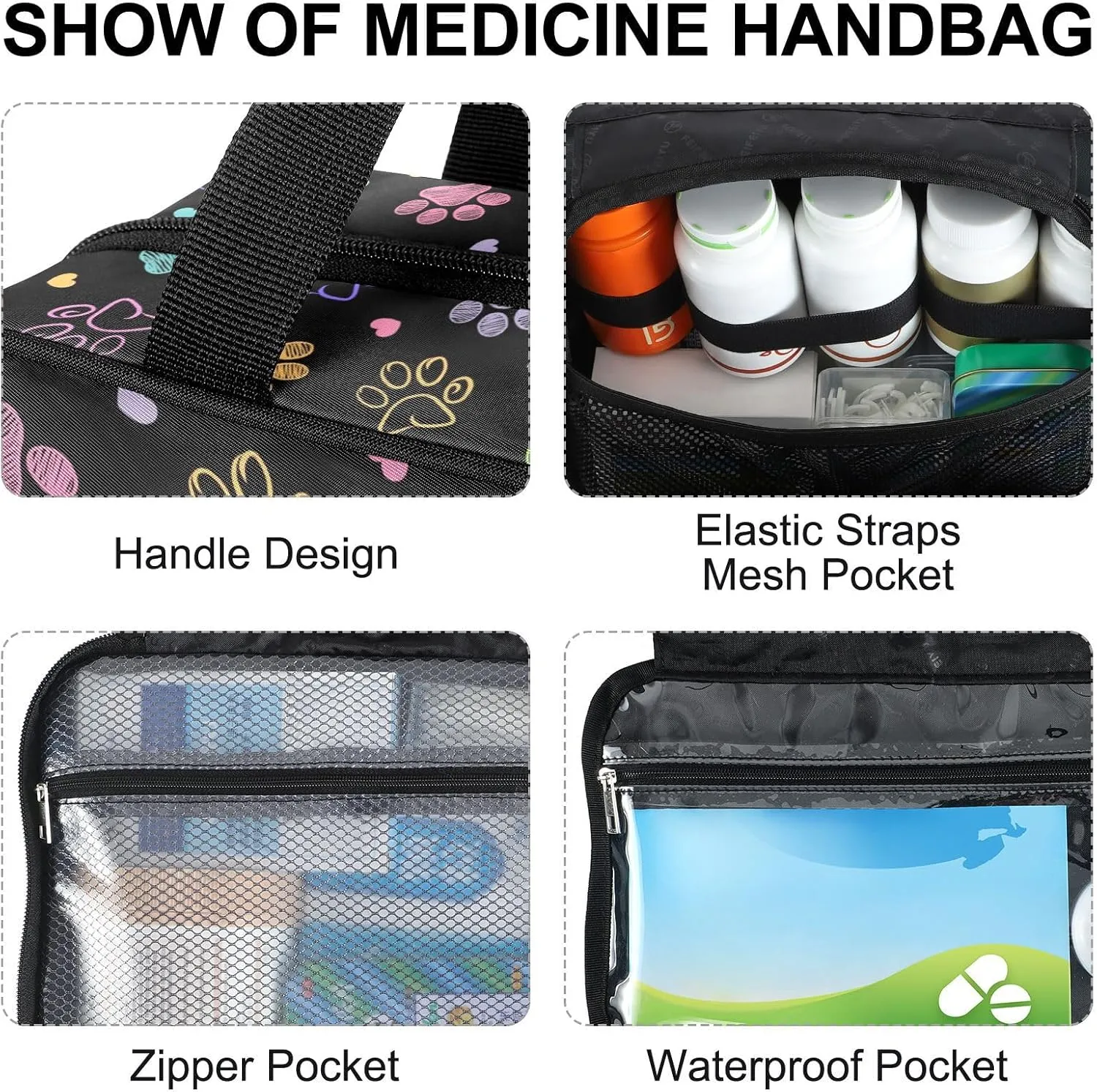Fustylead Colorful Doodle Cute Paw Print Large Medical Storage Bag with Zipper Empty First Aid Bag Trauma Kit for Traveling Hiking Camping Backpacking