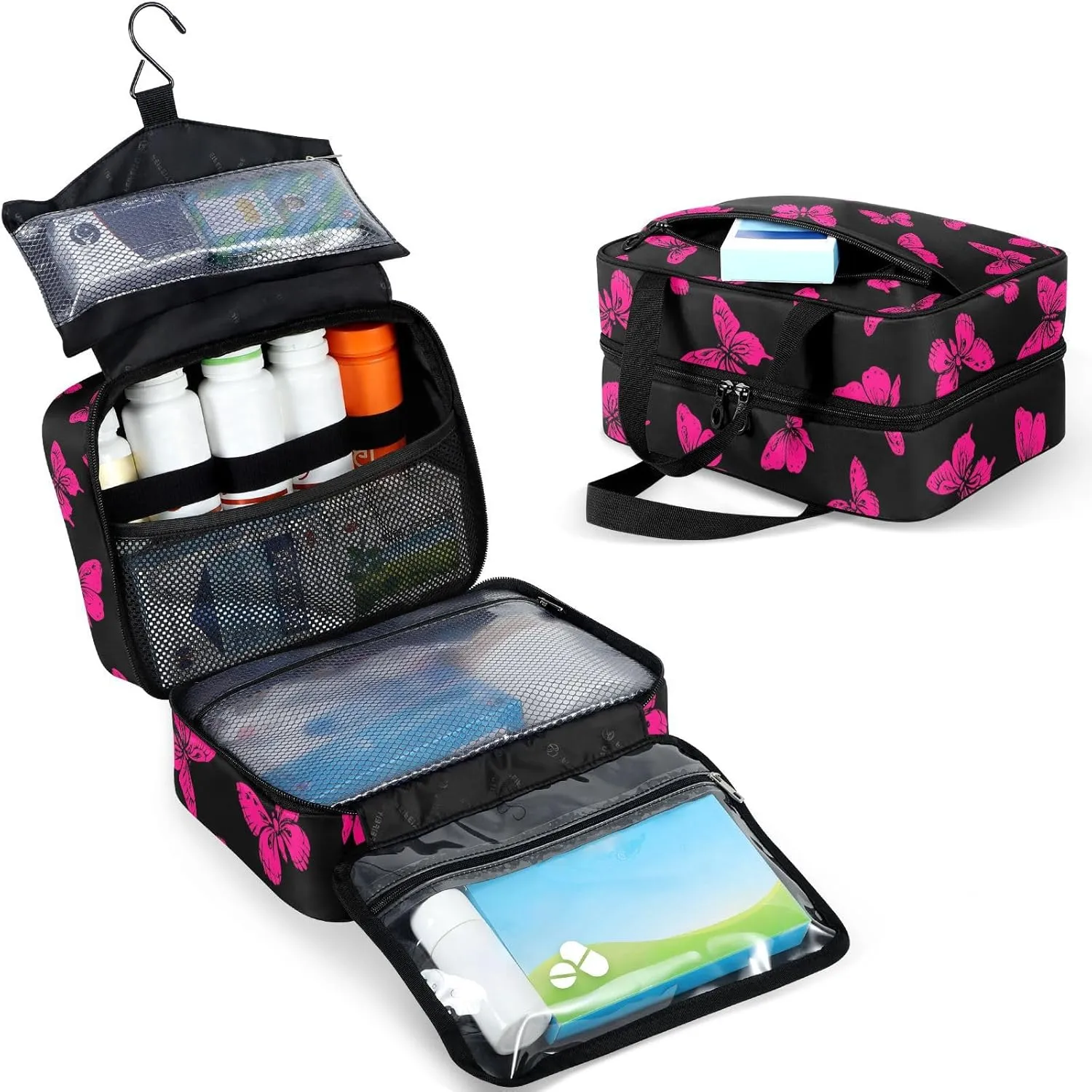 Fustylead Cute Hot Pink Wild Butterfly Large Medical Storage Bag with Zipper Empty First Aid Bag Trauma Kit for Traveling Hiking Camping Backpacking