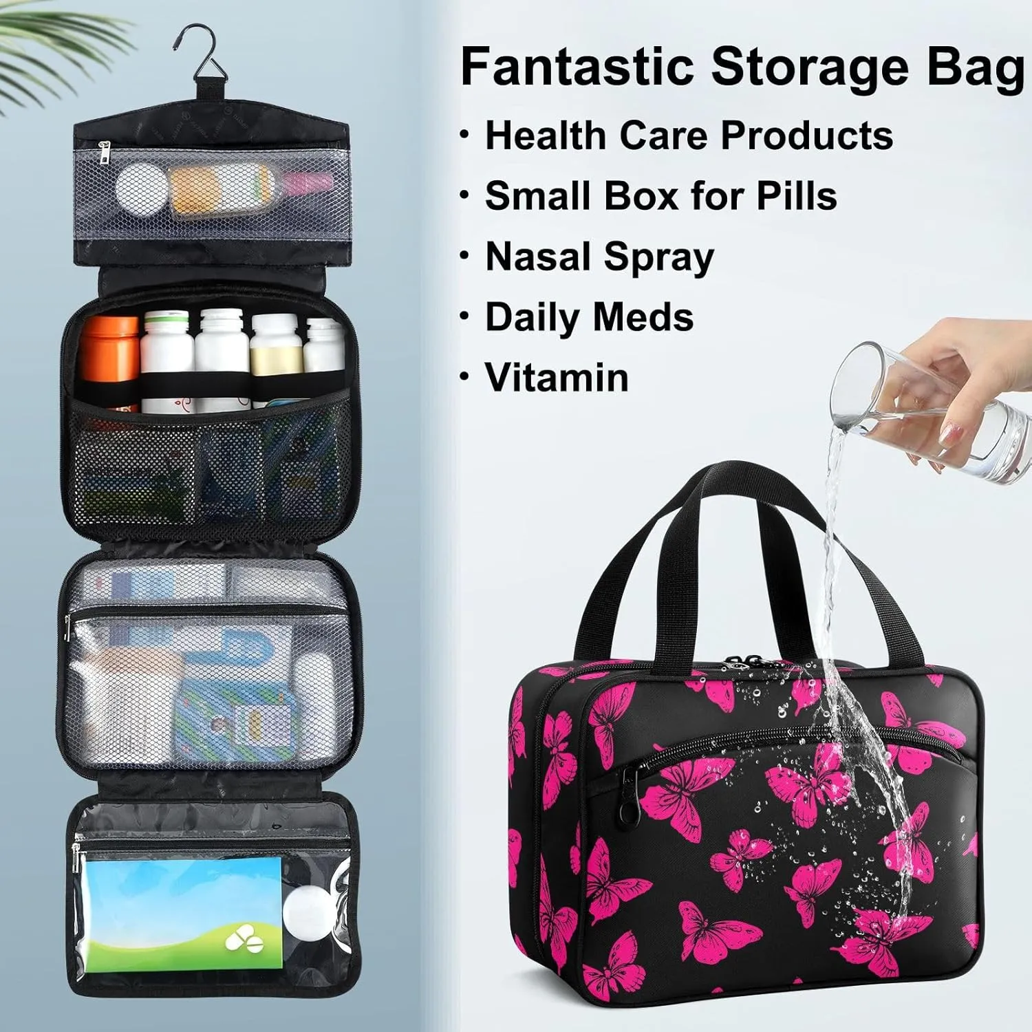 Fustylead Cute Hot Pink Wild Butterfly Large Medical Storage Bag with Zipper Empty First Aid Bag Trauma Kit for Traveling Hiking Camping Backpacking