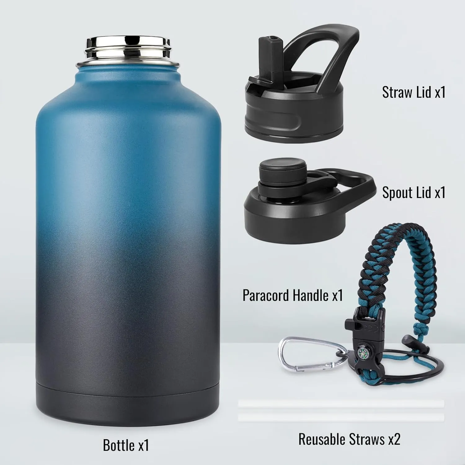 Gallon Water Bottle with 2 Lids (Straw & Spout), 304 Stainless Steel Water Jug with Handle and Wide Mouth, 1 Gallon Vacuum Double Walled Jug for Sports, Outdoors, Blue&Black 128 oz