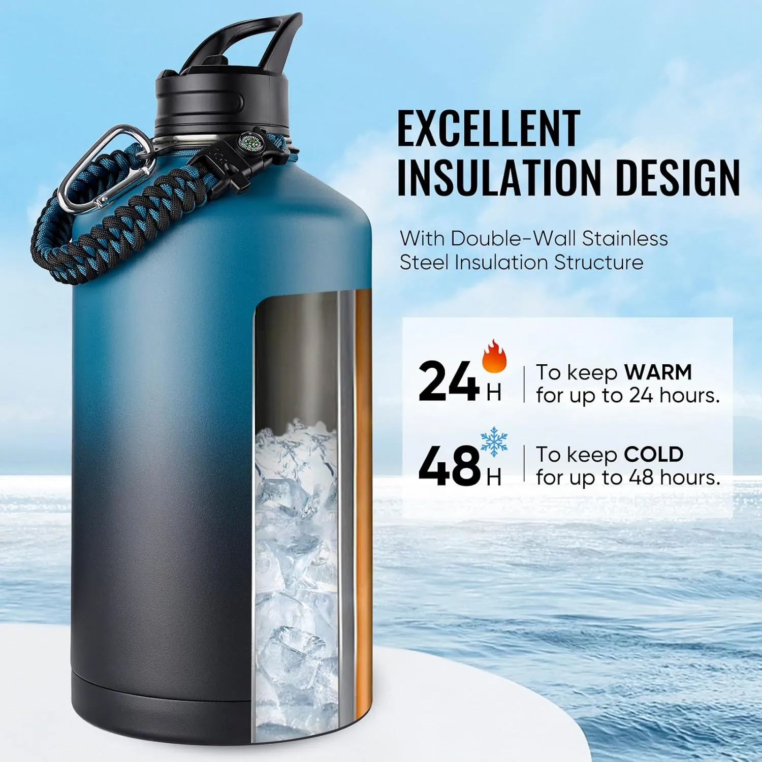 Gallon Water Bottle with 2 Lids (Straw & Spout), 304 Stainless Steel Water Jug with Handle and Wide Mouth, 1 Gallon Vacuum Double Walled Jug for Sports, Outdoors, Blue&Black 128 oz