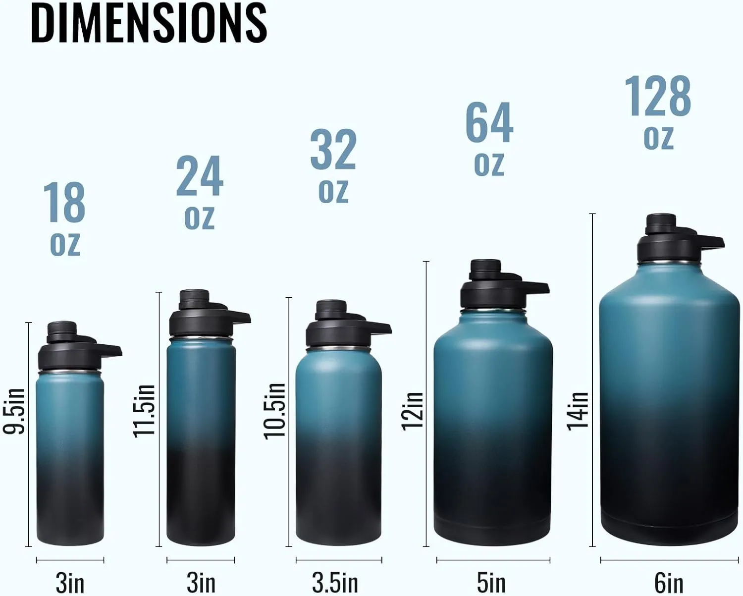 Gallon Water Bottle with 2 Lids (Straw & Spout), 304 Stainless Steel Water Jug with Handle and Wide Mouth, 1 Gallon Vacuum Double Walled Jug for Sports, Outdoors, Blue&Black 128 oz