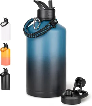 Gallon Water Bottle with 2 Lids (Straw & Spout), 304 Stainless Steel Water Jug with Handle and Wide Mouth, 1 Gallon Vacuum Double Walled Jug for Sports, Outdoors, Blue&Black 128 oz