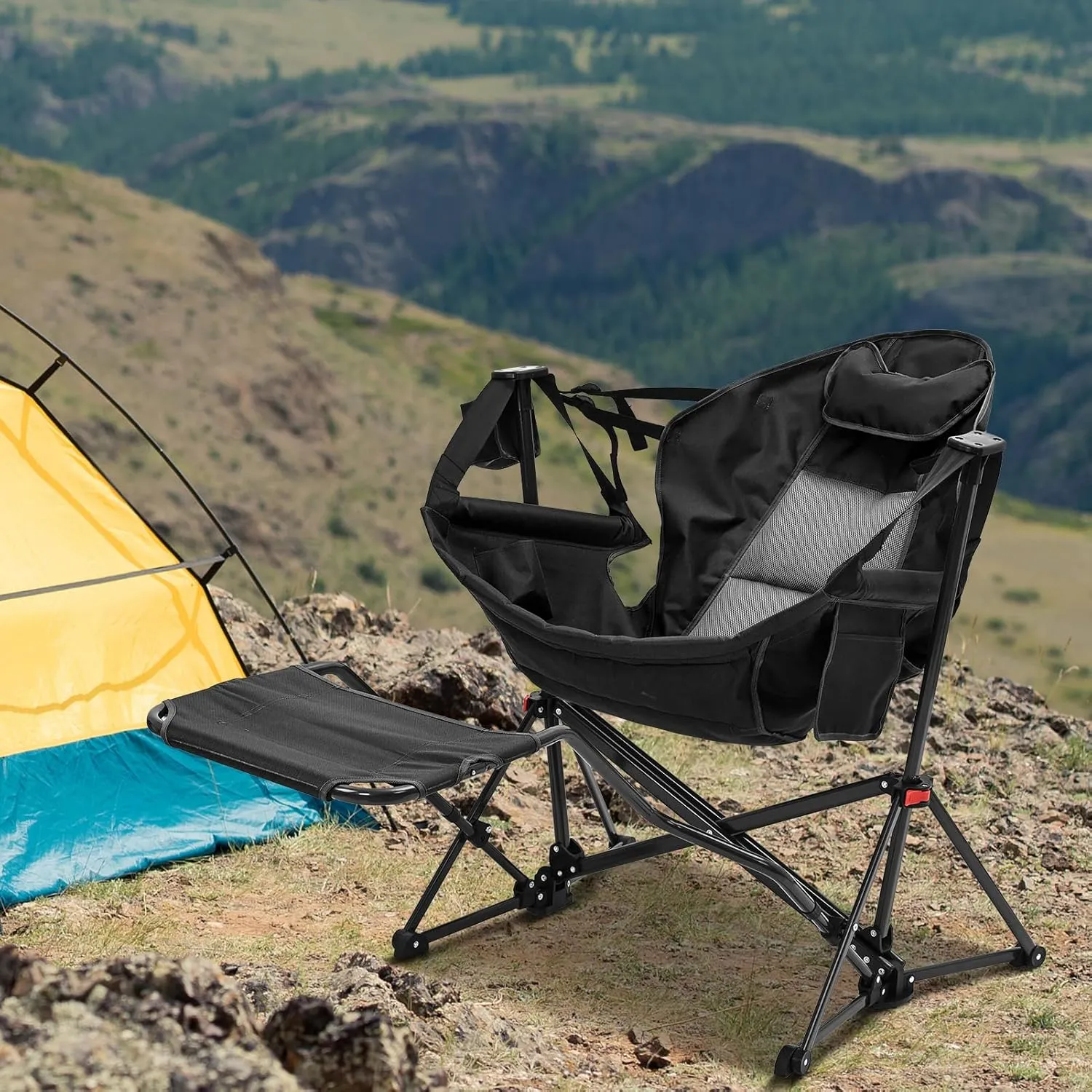GDY Camping Chairs, Oversized Hammock, Folding Rocking Chairs, Adjustable Back Swing Chairs, Cup Holder, Outdoor Beach Lawn, Black