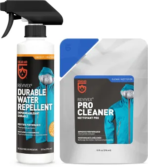 GEAR AID Care Kit with Revivex Pro Cleaner and Revivex Durable Water Repellent Spray, Clear, 10 oz pack & 10 oz pack
