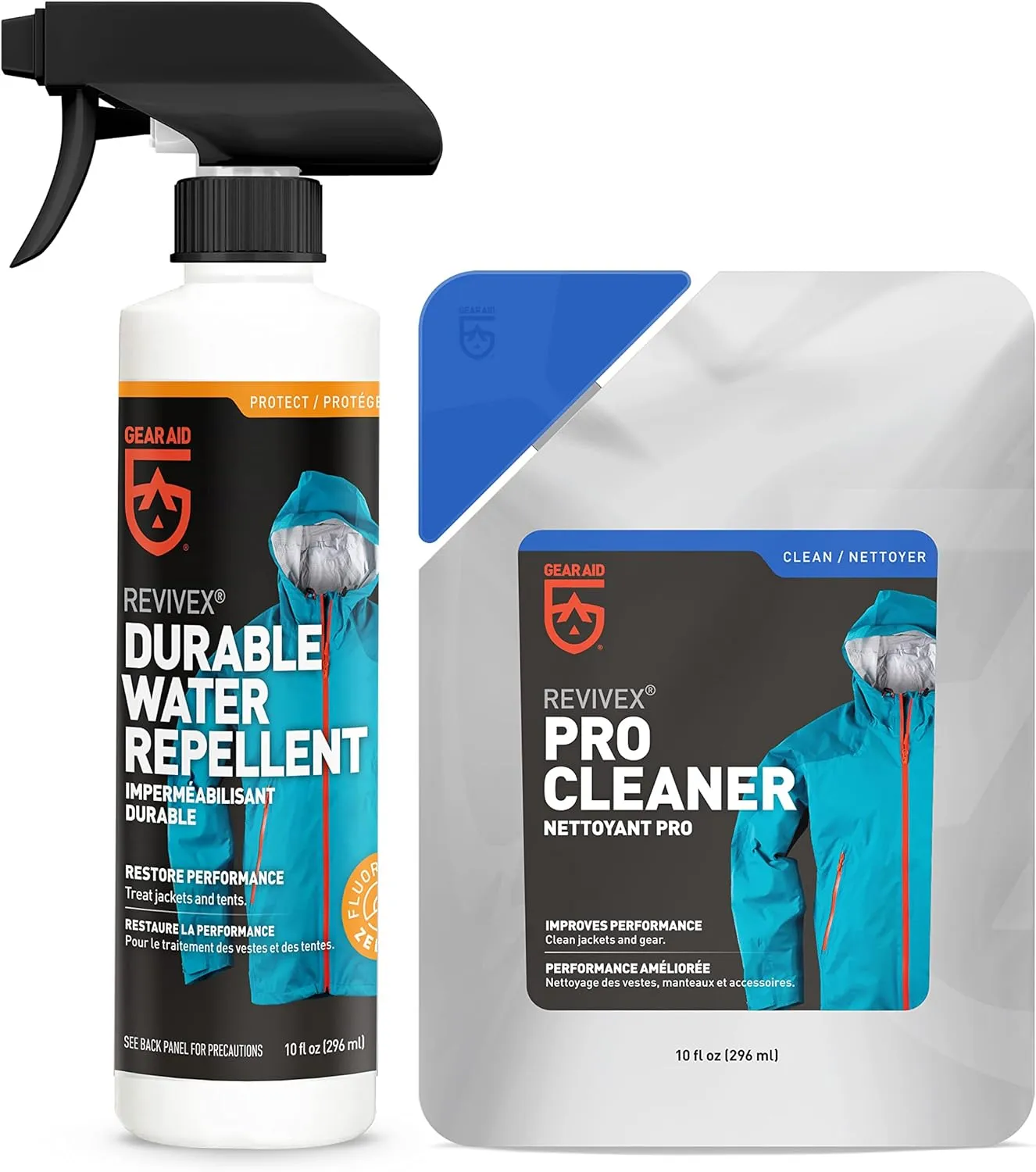 GEAR AID Care Kit with Revivex Pro Cleaner and Revivex Durable Water Repellent Spray, Clear, 10 oz pack & 10 oz pack