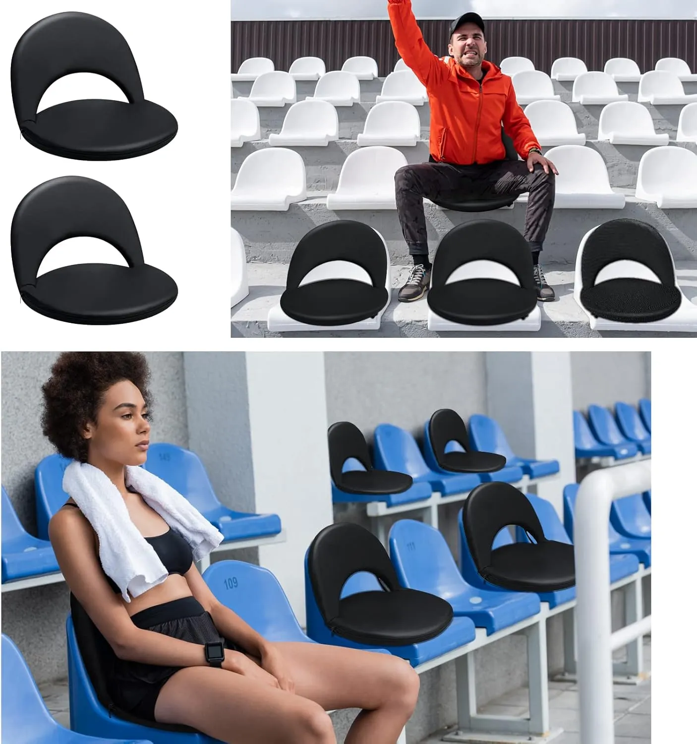 Geetery Folding Stadium Seats for Bleachers with Back Support and Cushion Wide Padded Stadium Chair Foldable Floor Chair for Sport Event Camping Beach, 6 Adjustable Reclining Position