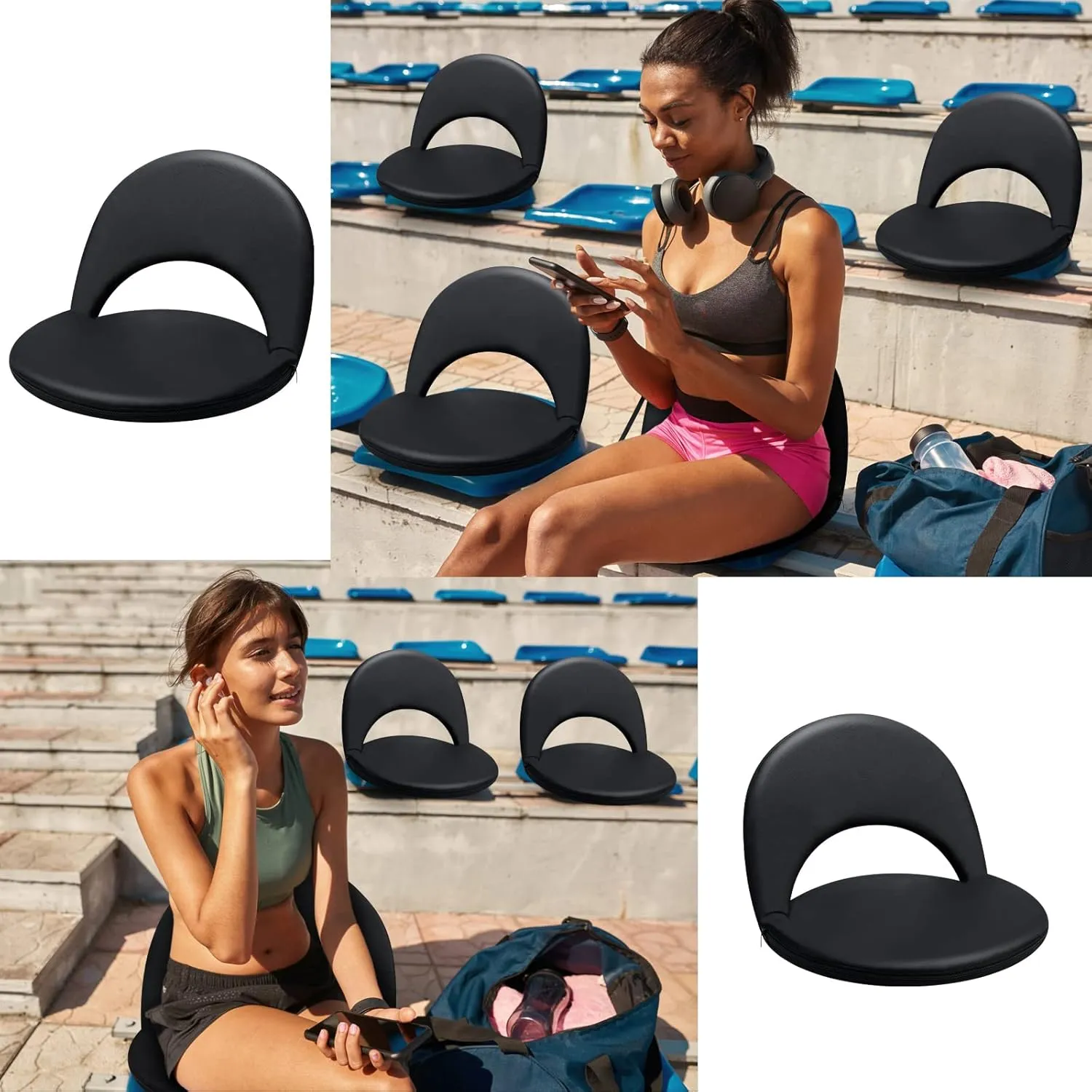 Geetery Folding Stadium Seats for Bleachers with Back Support and Cushion Wide Padded Stadium Chair Foldable Floor Chair for Sport Event Camping Beach, 6 Adjustable Reclining Position
