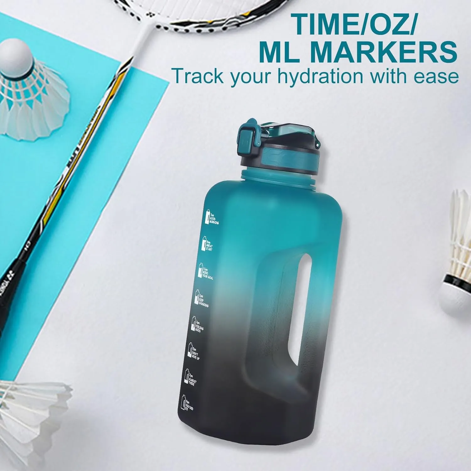 GEMFUL 2.2L Water Bottle with Straw & Time Marker Large BPA-Free Motivational Jug for Gym Sports Hiking Leakproof with Handle (Green/Black)