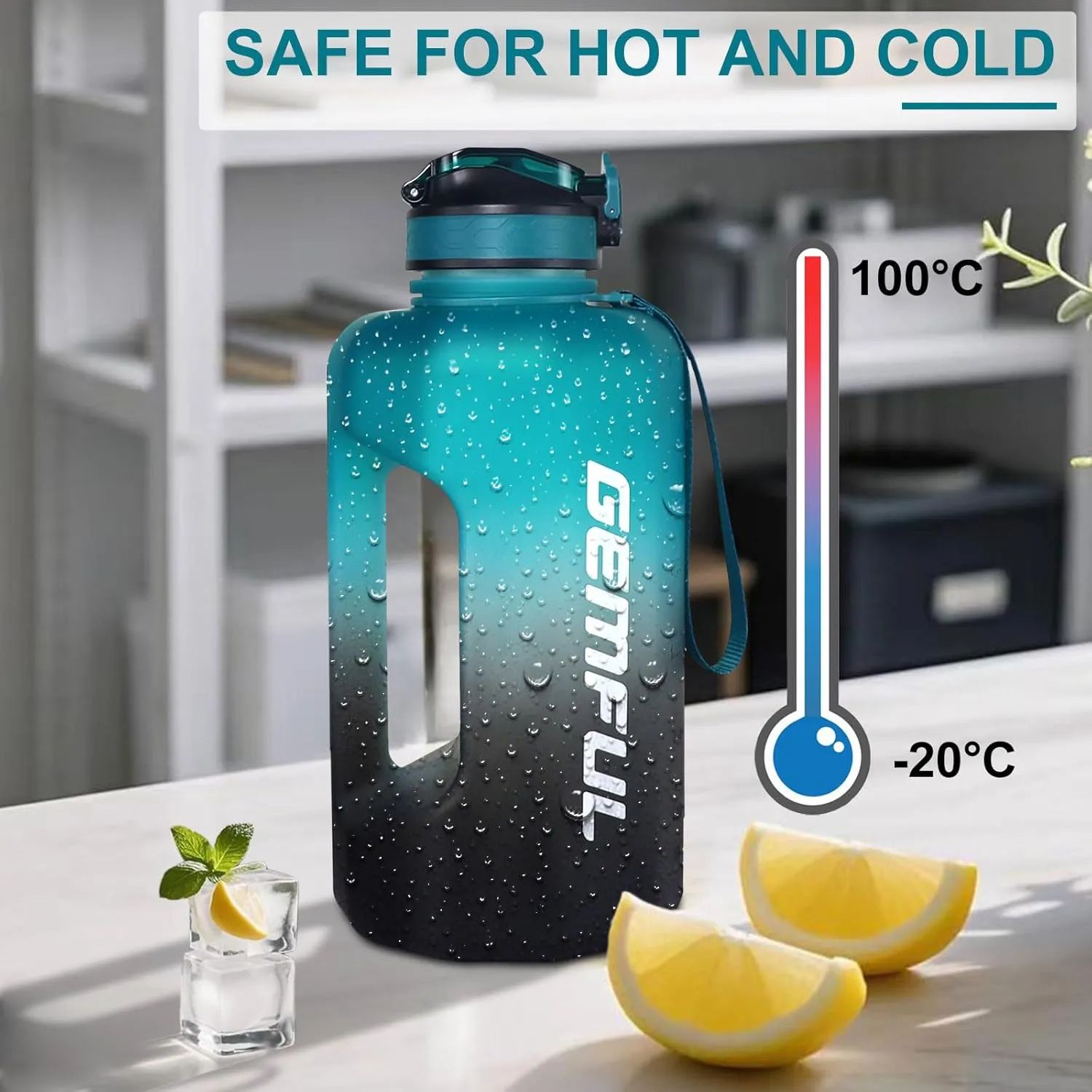GEMFUL 2.2L Water Bottle with Straw & Time Marker Large BPA-Free Motivational Jug for Gym Sports Hiking Leakproof with Handle (Green/Black)