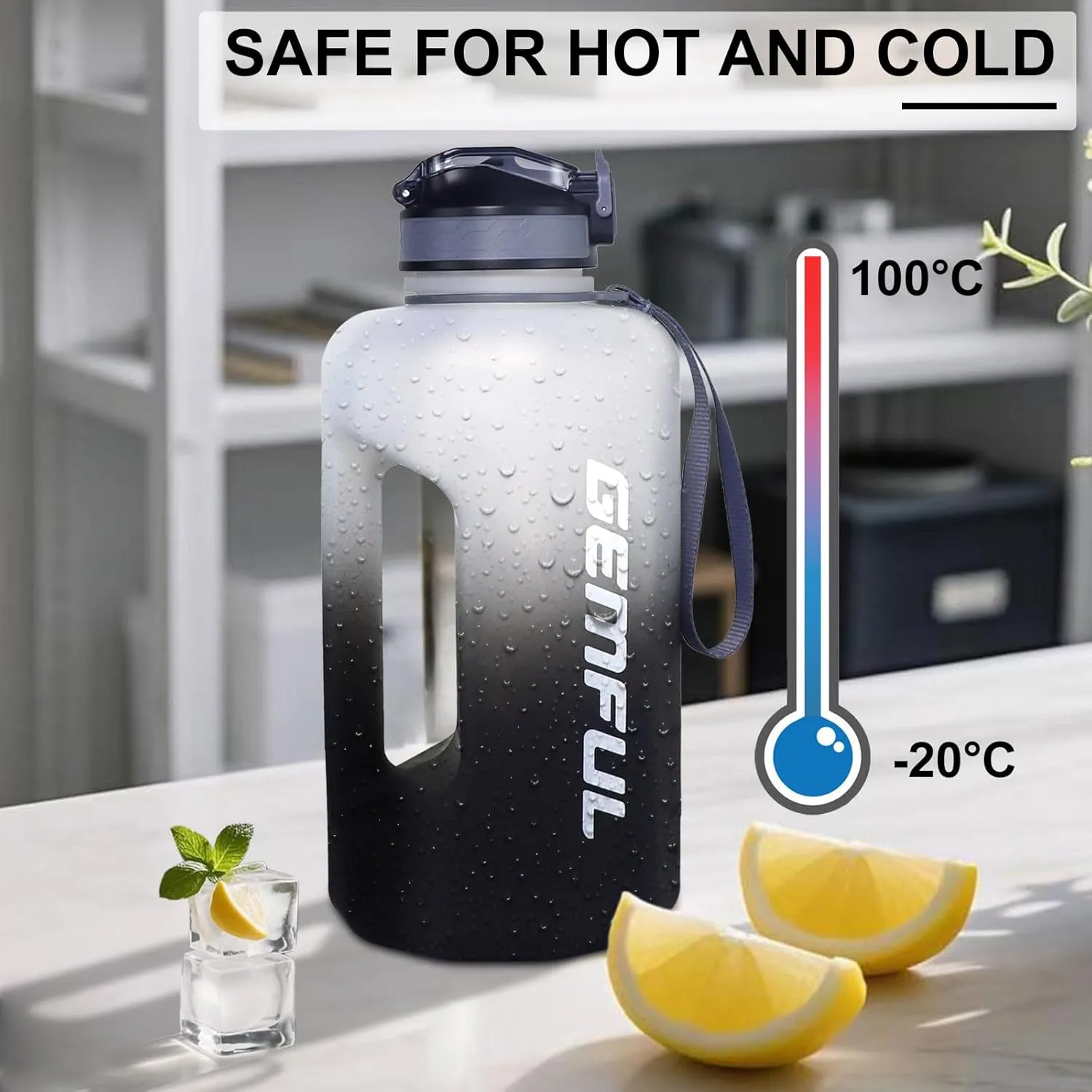GEMFUL 74oz Motivational Water Bottle with Straw & Time Marker BPA Free Large Gym Jug for Workout Fitness Outdoor Sports Leakproof with Handle (White/Black)