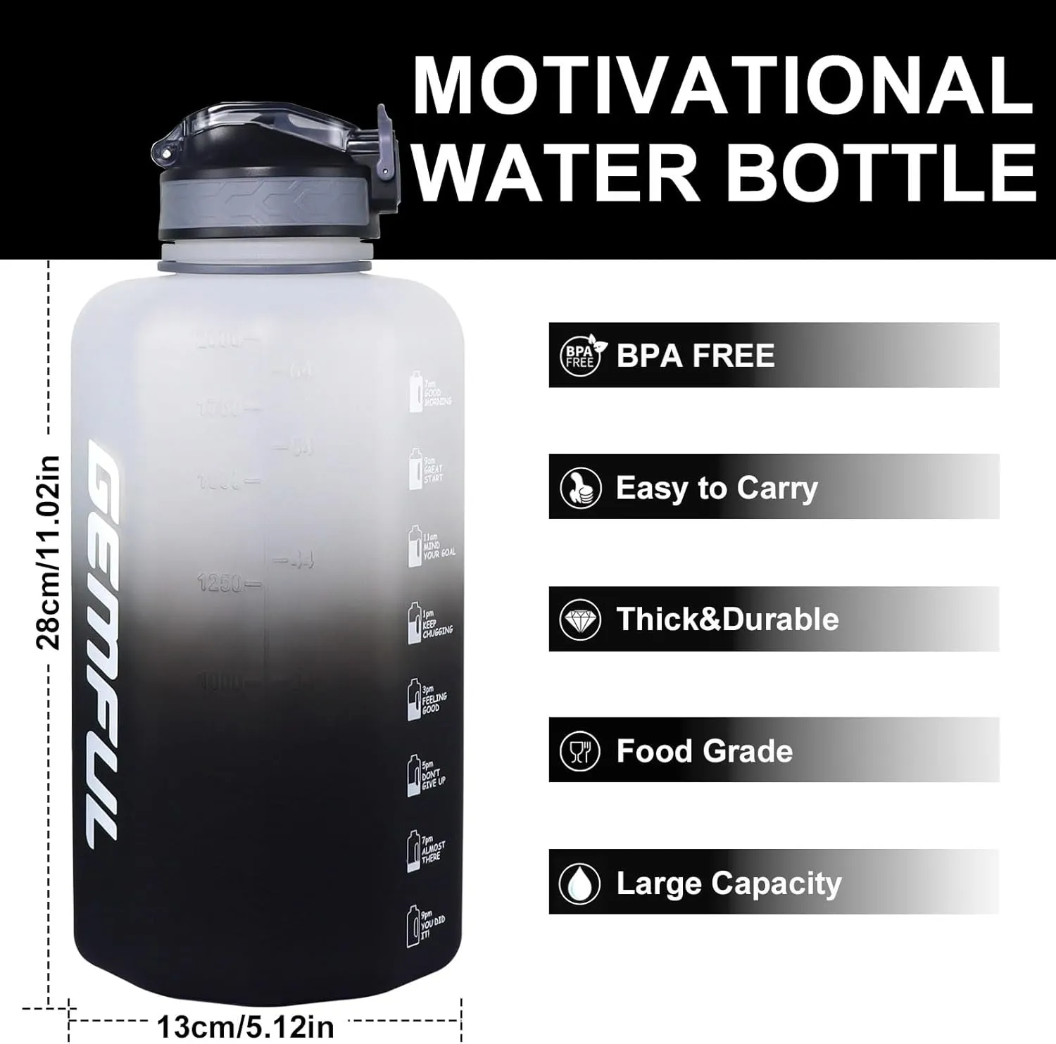GEMFUL 74oz Motivational Water Bottle with Straw & Time Marker BPA Free Large Gym Jug for Workout Fitness Outdoor Sports Leakproof with Handle (White/Black)