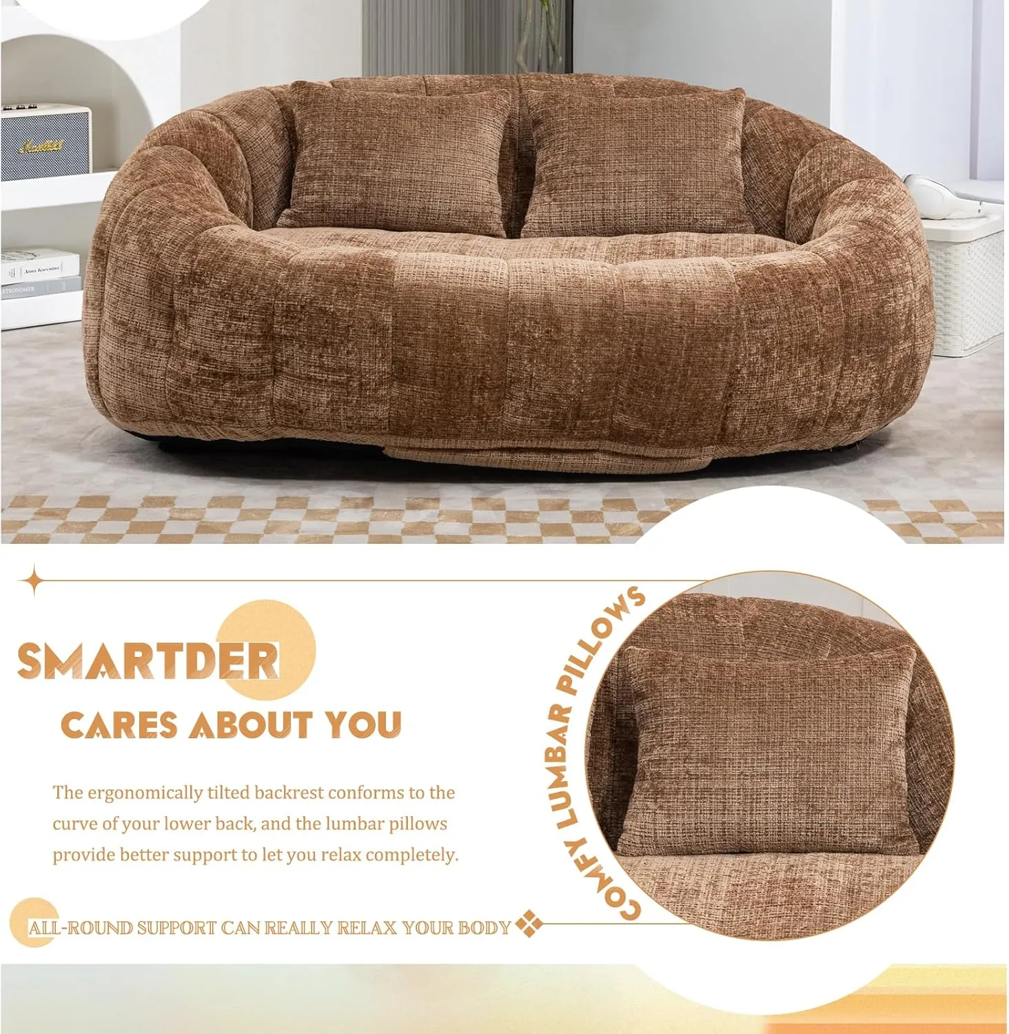 Giant Bean Bag Chair Couch with Foam Filler, Oversized Bean Bag Sofa for Adults,Teens, Comfy Floor Loveseat with 2 Pillows, Lazy Beanbag Lounger for Living Room, Game Room, Office, Chenille Coffee