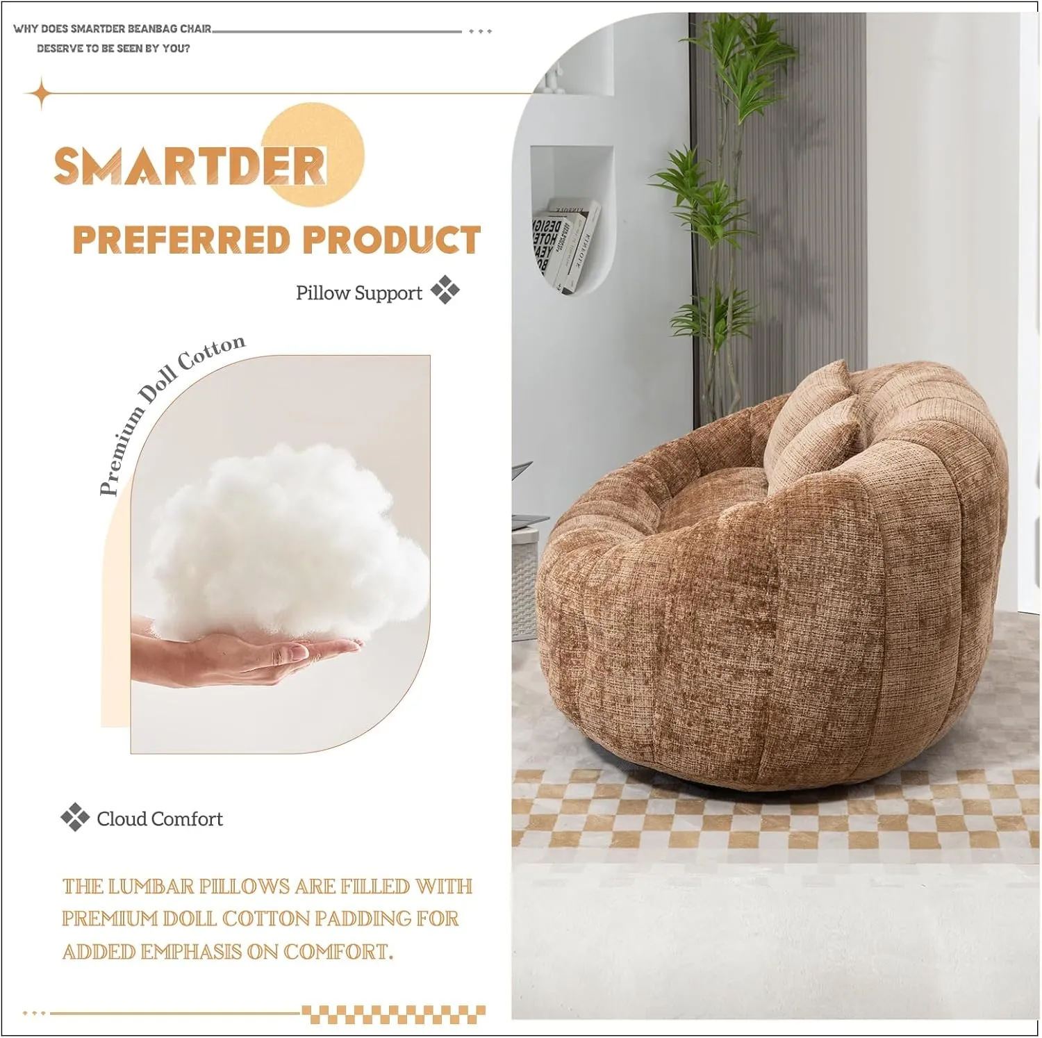 Giant Bean Bag Chair Couch with Foam Filler, Oversized Bean Bag Sofa for Adults,Teens, Comfy Floor Loveseat with 2 Pillows, Lazy Beanbag Lounger for Living Room, Game Room, Office, Chenille Coffee