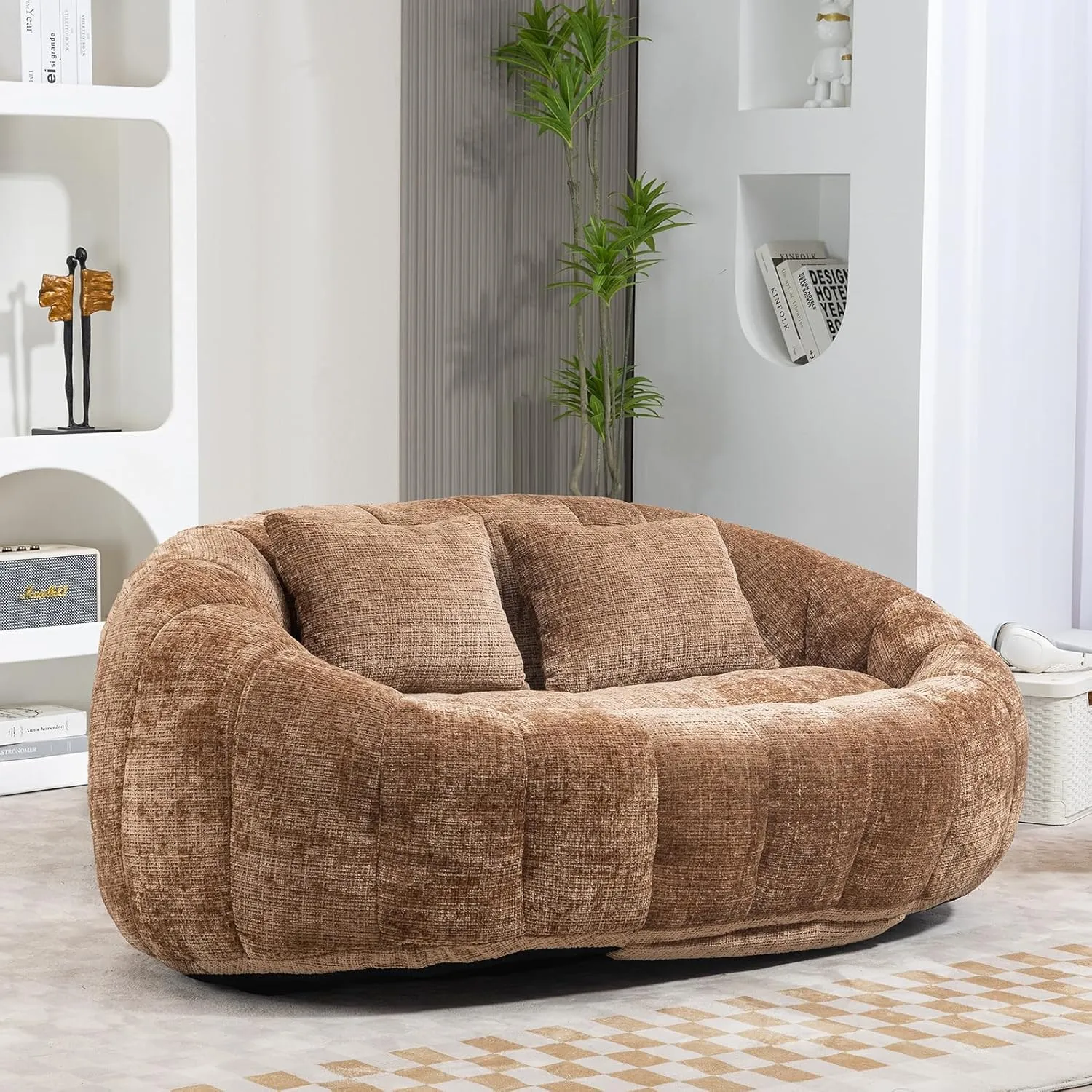 Giant Bean Bag Chair Couch with Foam Filler, Oversized Bean Bag Sofa for Adults,Teens, Comfy Floor Loveseat with 2 Pillows, Lazy Beanbag Lounger for Living Room, Game Room, Office, Chenille Coffee