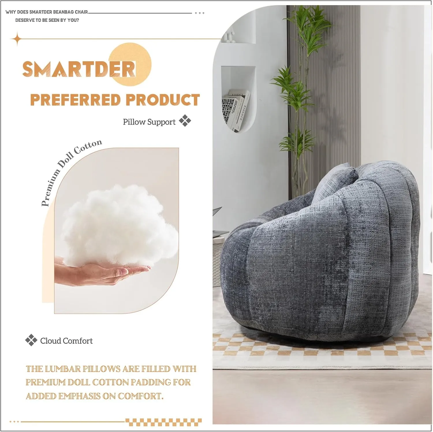 Giant Bean Bag Chair Couch with Foam Filler, Oversized Bean Bag Sofa for Adults,Teens, Comfy Floor Loveseat with 2 Pillows, Lazy Beanbag Lounger for Living Room, Game Room, Office, Chenille Grey