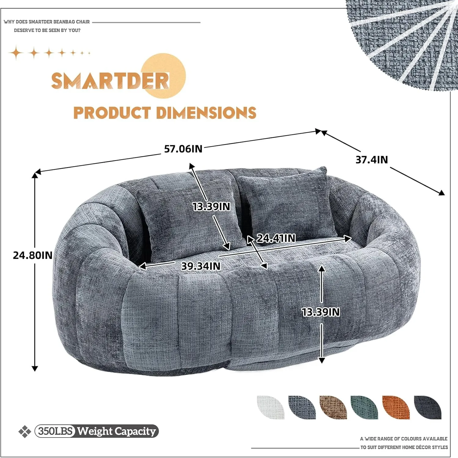 Giant Bean Bag Chair Couch with Foam Filler, Oversized Bean Bag Sofa for Adults,Teens, Comfy Floor Loveseat with 2 Pillows, Lazy Beanbag Lounger for Living Room, Game Room, Office, Chenille Grey