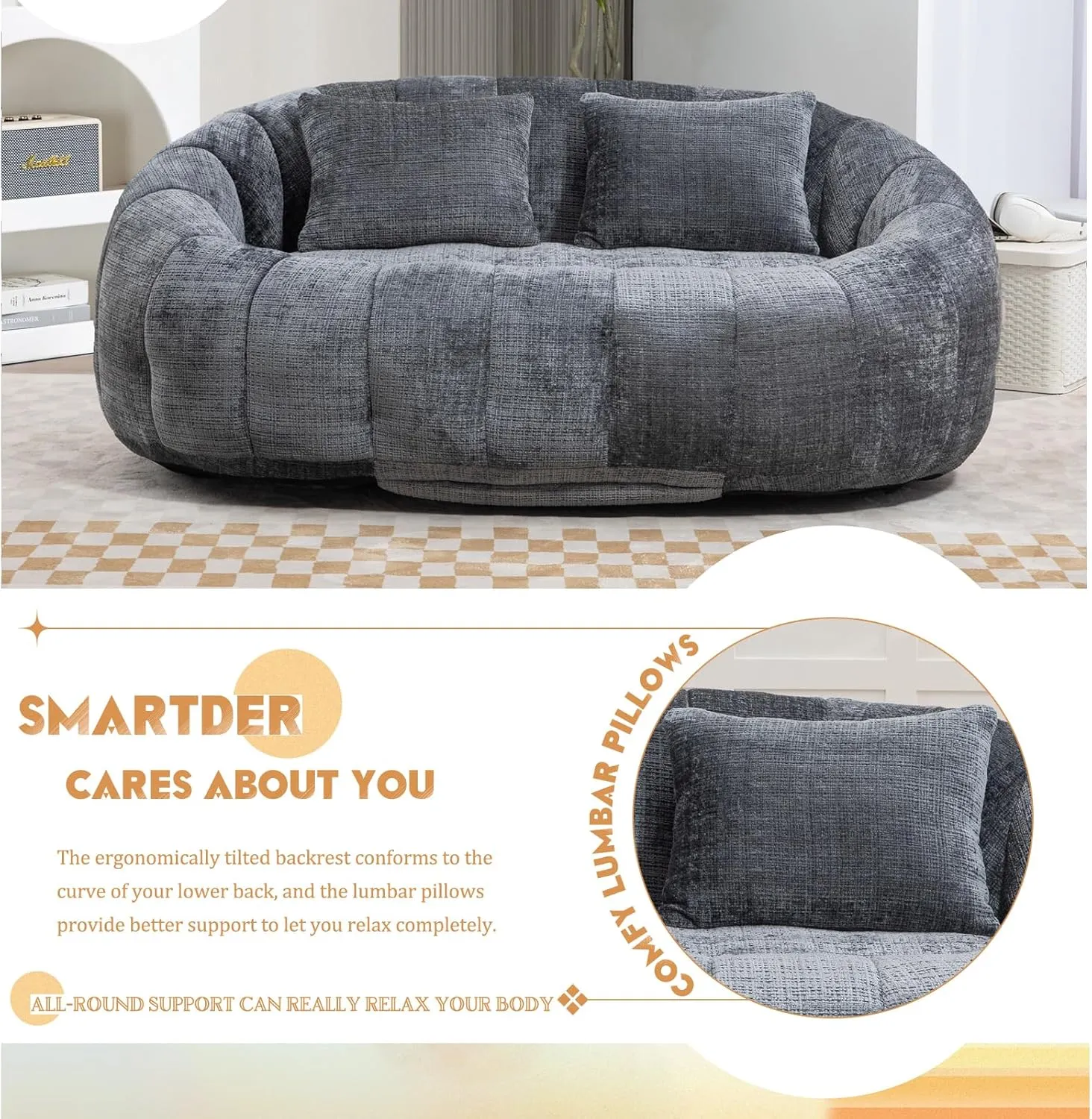 Giant Bean Bag Chair Couch with Foam Filler, Oversized Bean Bag Sofa for Adults,Teens, Comfy Floor Loveseat with 2 Pillows, Lazy Beanbag Lounger for Living Room, Game Room, Office, Chenille Grey