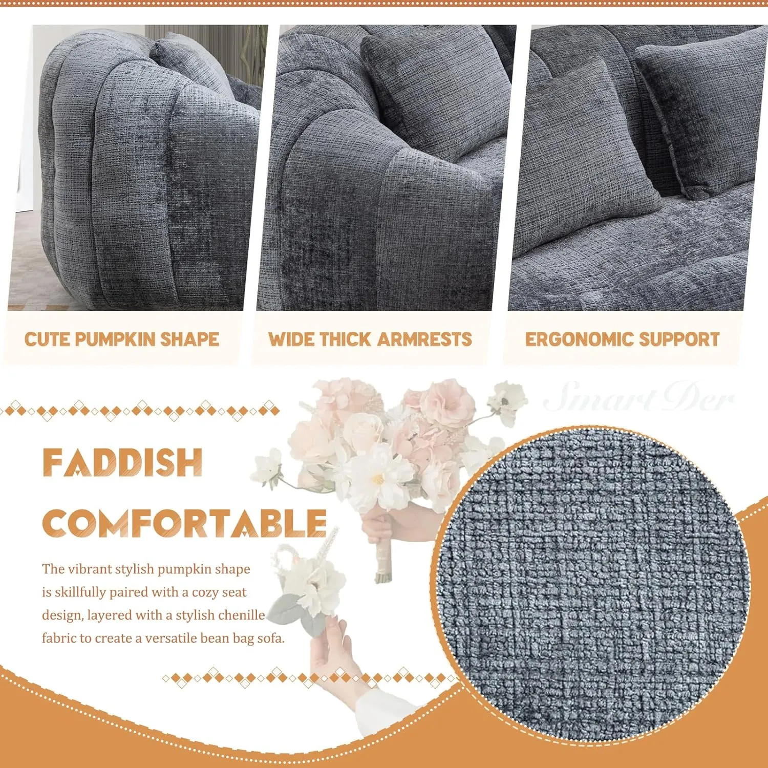 Giant Bean Bag Chair Couch with Foam Filler, Oversized Bean Bag Sofa for Adults,Teens, Comfy Floor Loveseat with 2 Pillows, Lazy Beanbag Lounger for Living Room, Game Room, Office, Chenille Grey