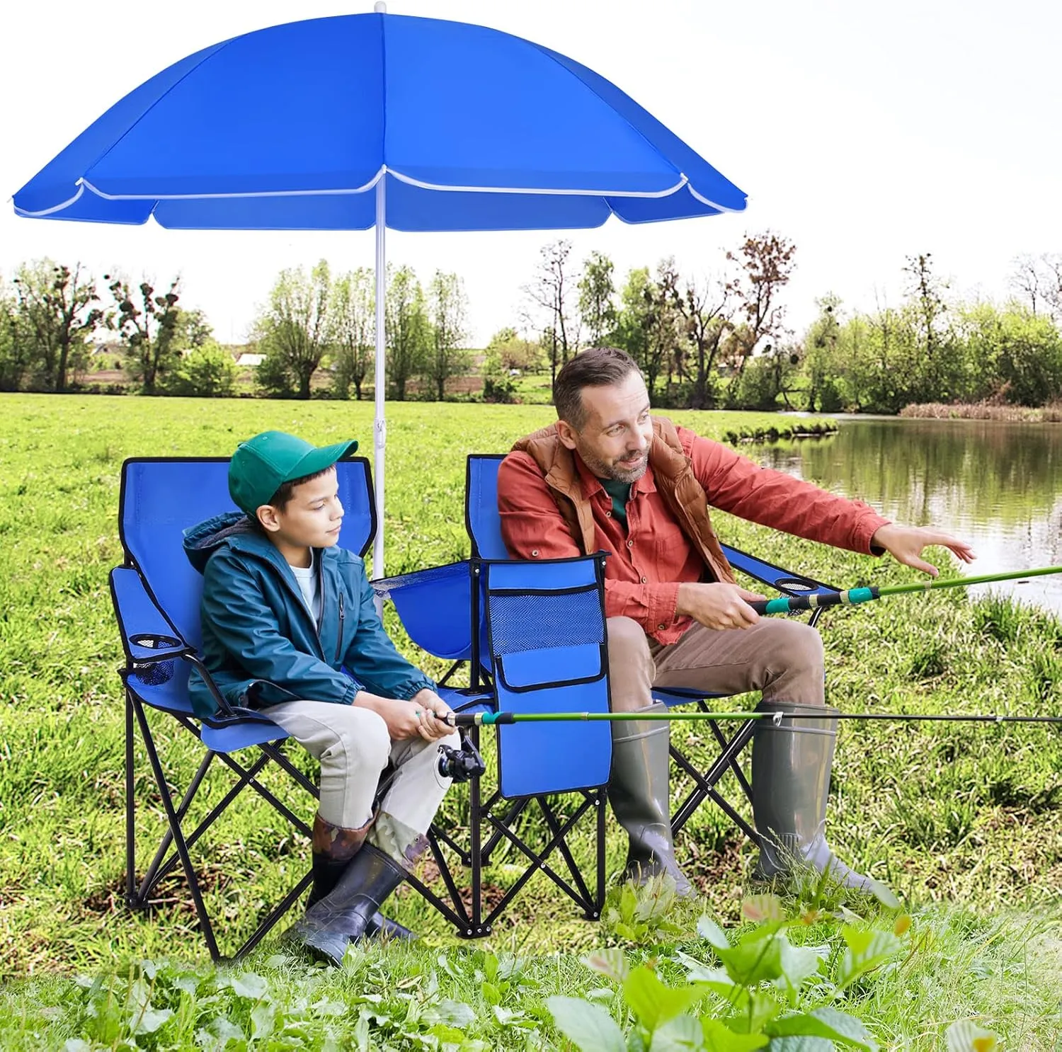 Giantex Double Camping Chair with Umbrella - Folding Picnic Loveseat with Carrying Bag, Cooler Bag, Table, Side Pocket & Cupholder, Portable Beach Chair for Camping, Picnic, Fishing, Beach