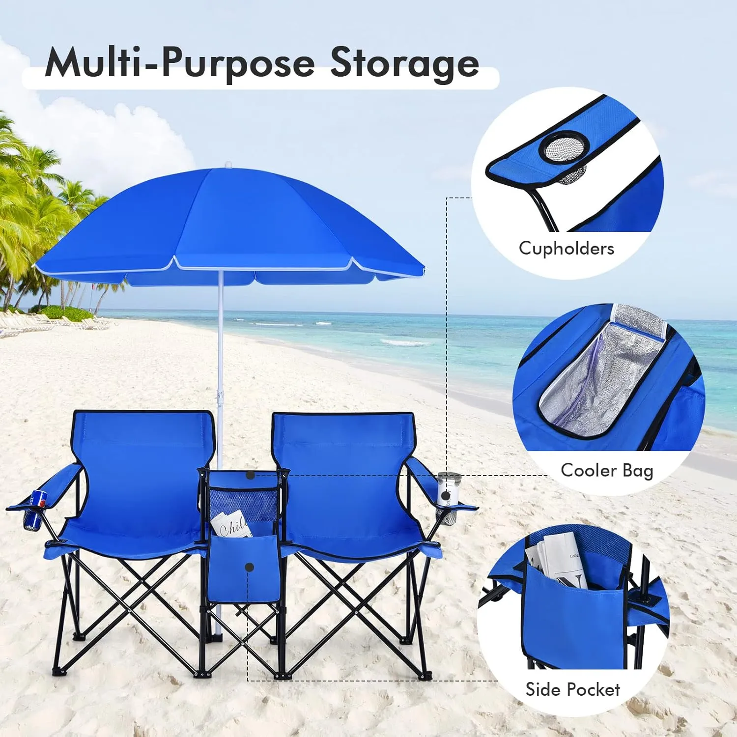 Giantex Double Camping Chair with Umbrella - Folding Picnic Loveseat with Carrying Bag, Cooler Bag, Table, Side Pocket & Cupholder, Portable Beach Chair for Camping, Picnic, Fishing, Beach