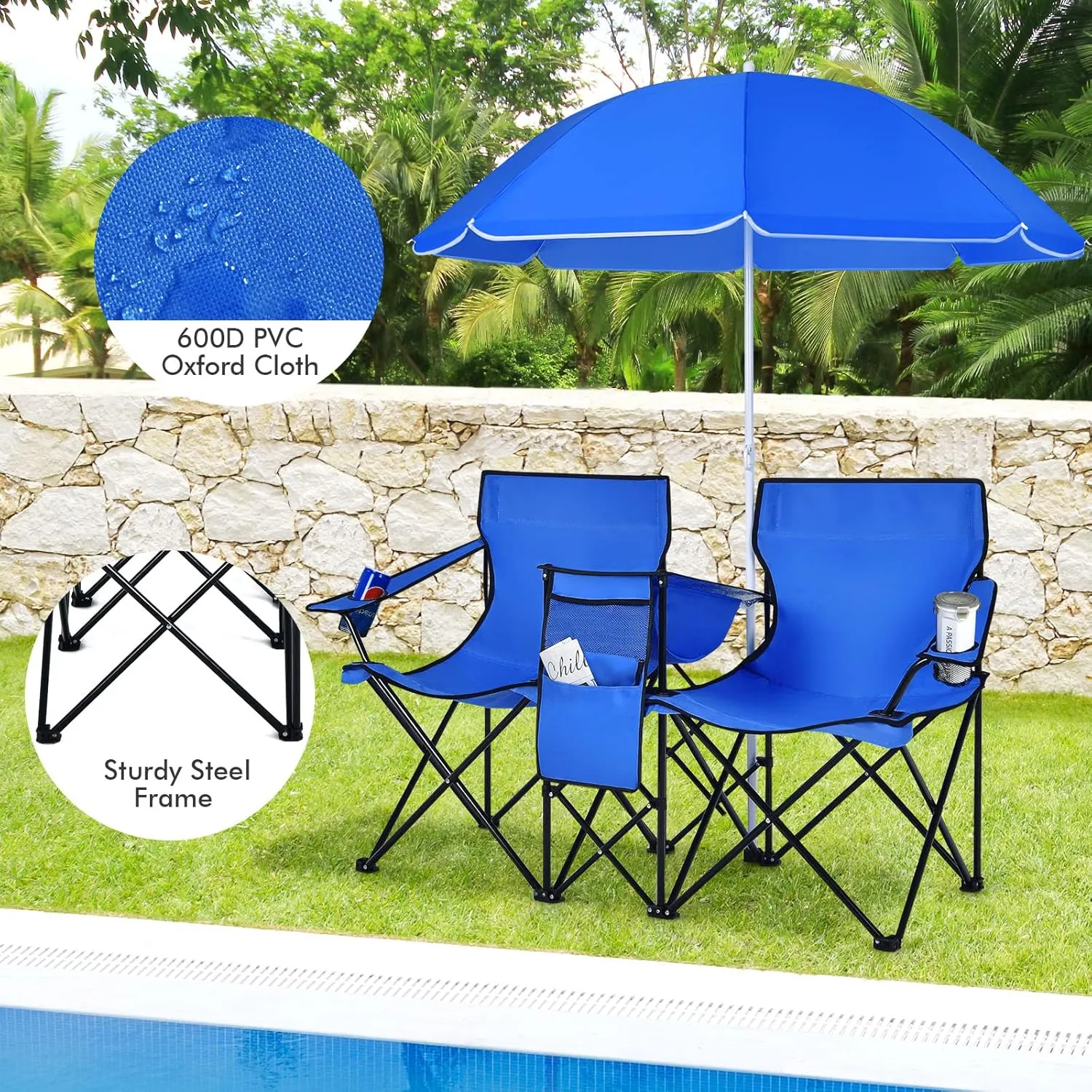 Giantex Double Camping Chair with Umbrella - Folding Picnic Loveseat with Carrying Bag, Cooler Bag, Table, Side Pocket & Cupholder, Portable Beach Chair for Camping, Picnic, Fishing, Beach