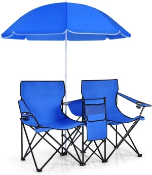 Giantex Double Camping Chair with Umbrella - Folding Picnic Loveseat with Carrying Bag, Cooler Bag, Table, Side Pocket & Cupholder, Portable Beach Chair for Camping, Picnic, Fishing, Beach