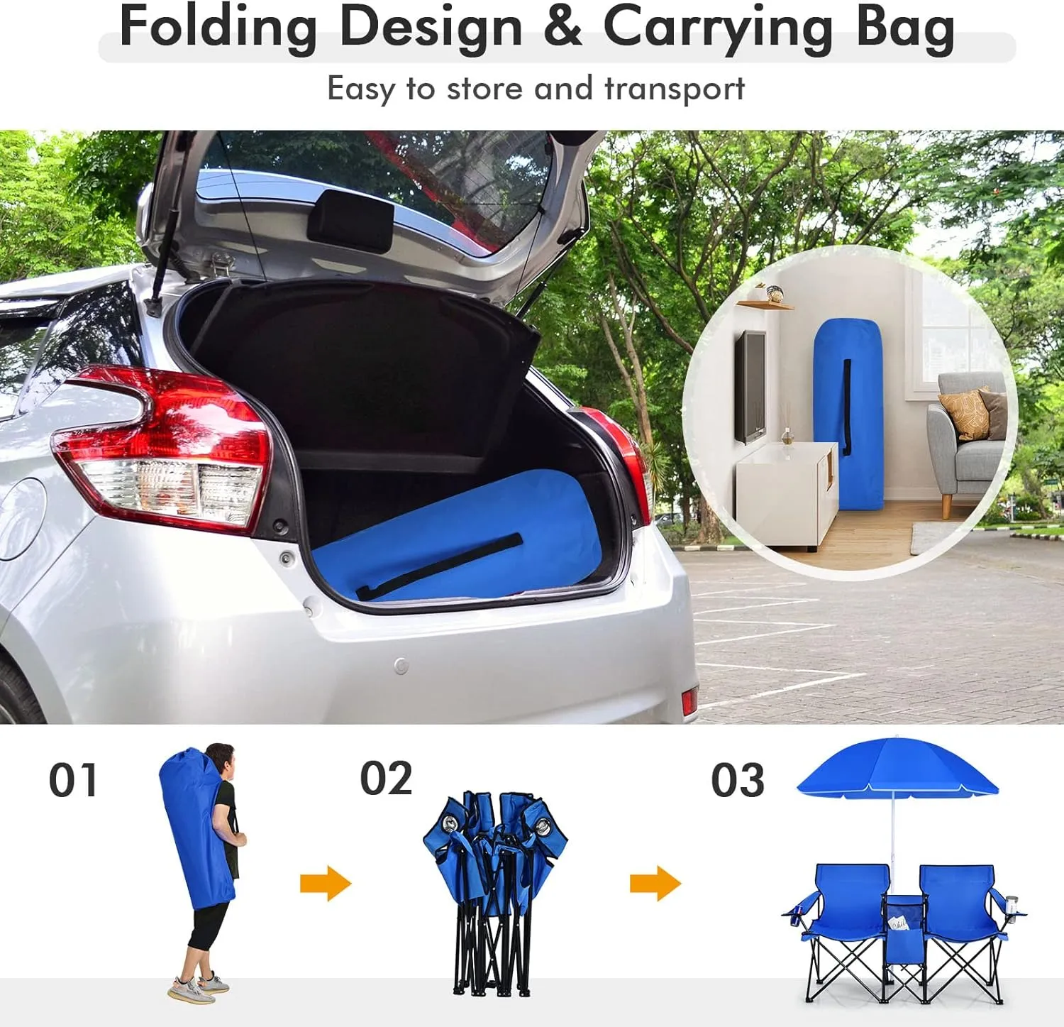 Giantex Double Camping Chair with Umbrella - Folding Picnic Loveseat with Carrying Bag, Cooler Bag, Table, Side Pocket & Cupholder, Portable Beach Chair for Camping, Picnic, Fishing, Beach